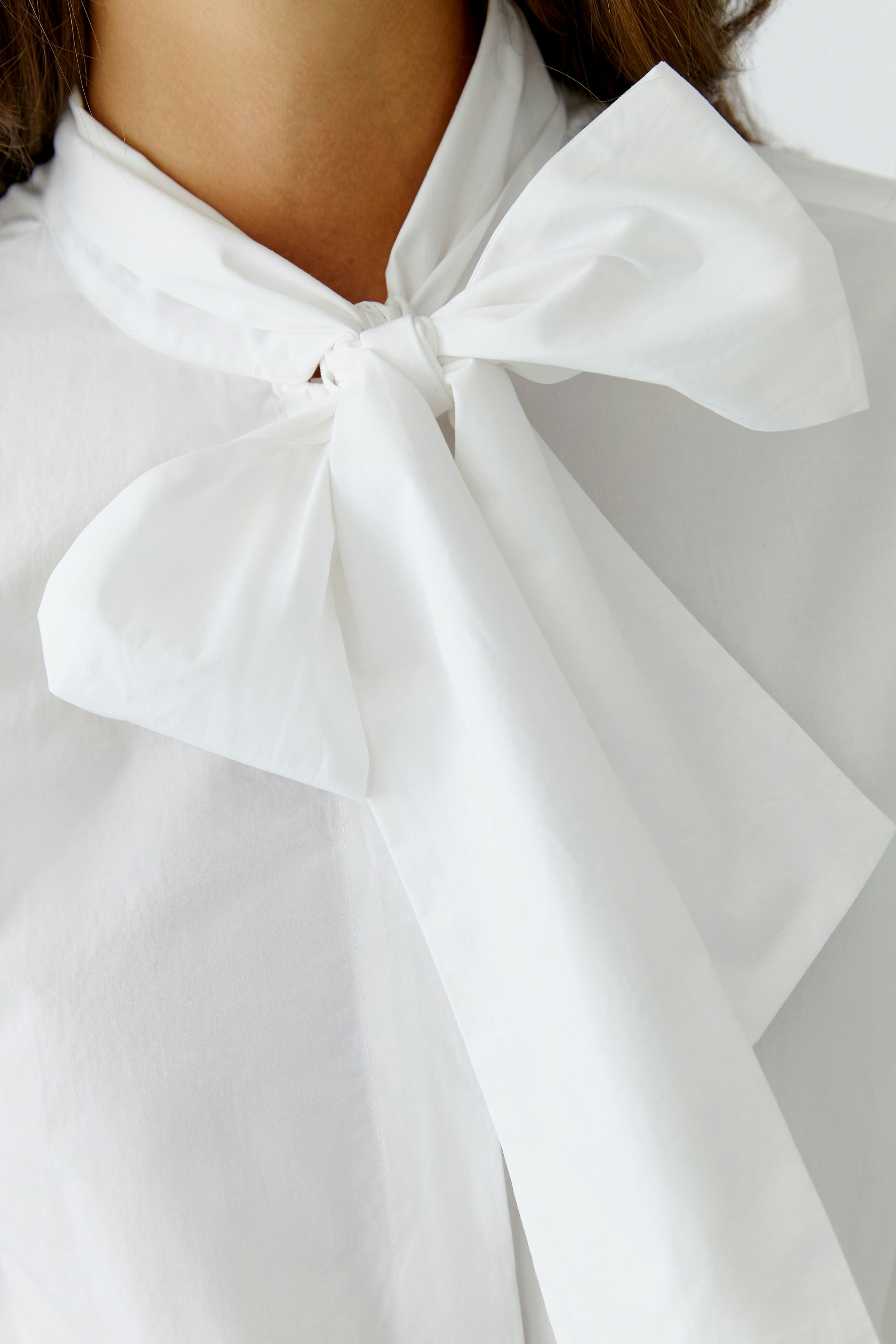 Stylish women's blouse with a large bow tie detail, perfect for casual or office wear.