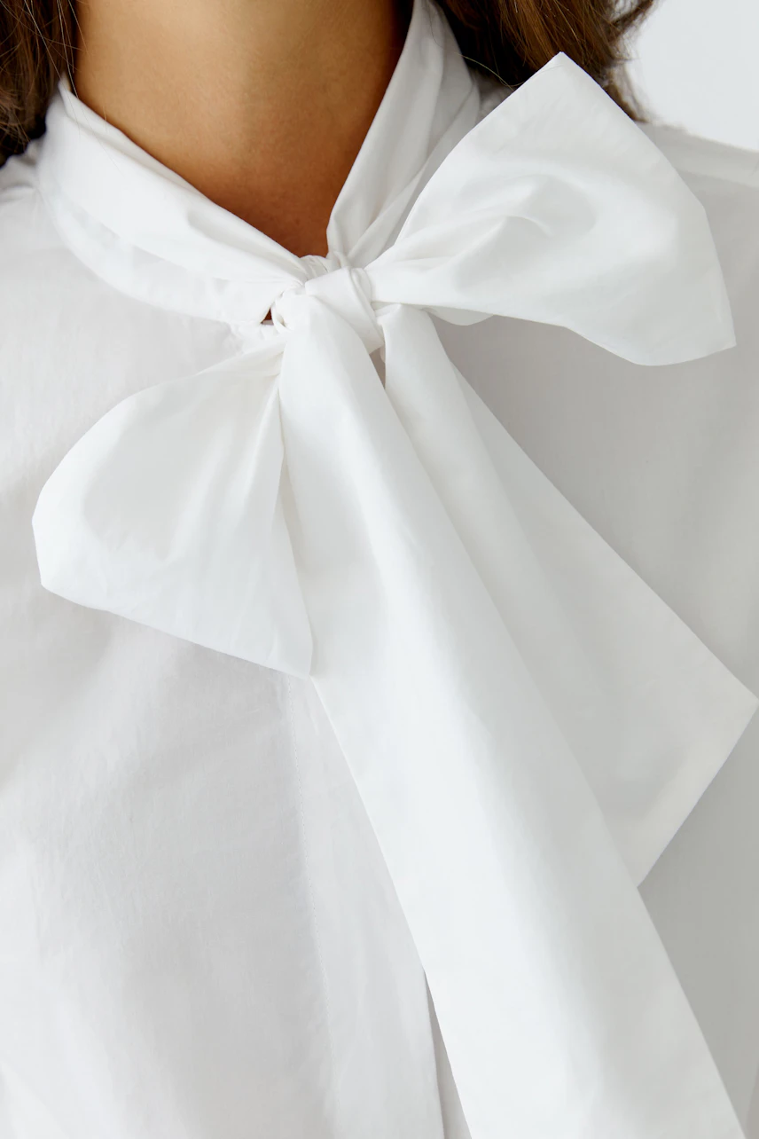 Stylish women's blouse with a large bow tie detail, perfect for casual or office wear.