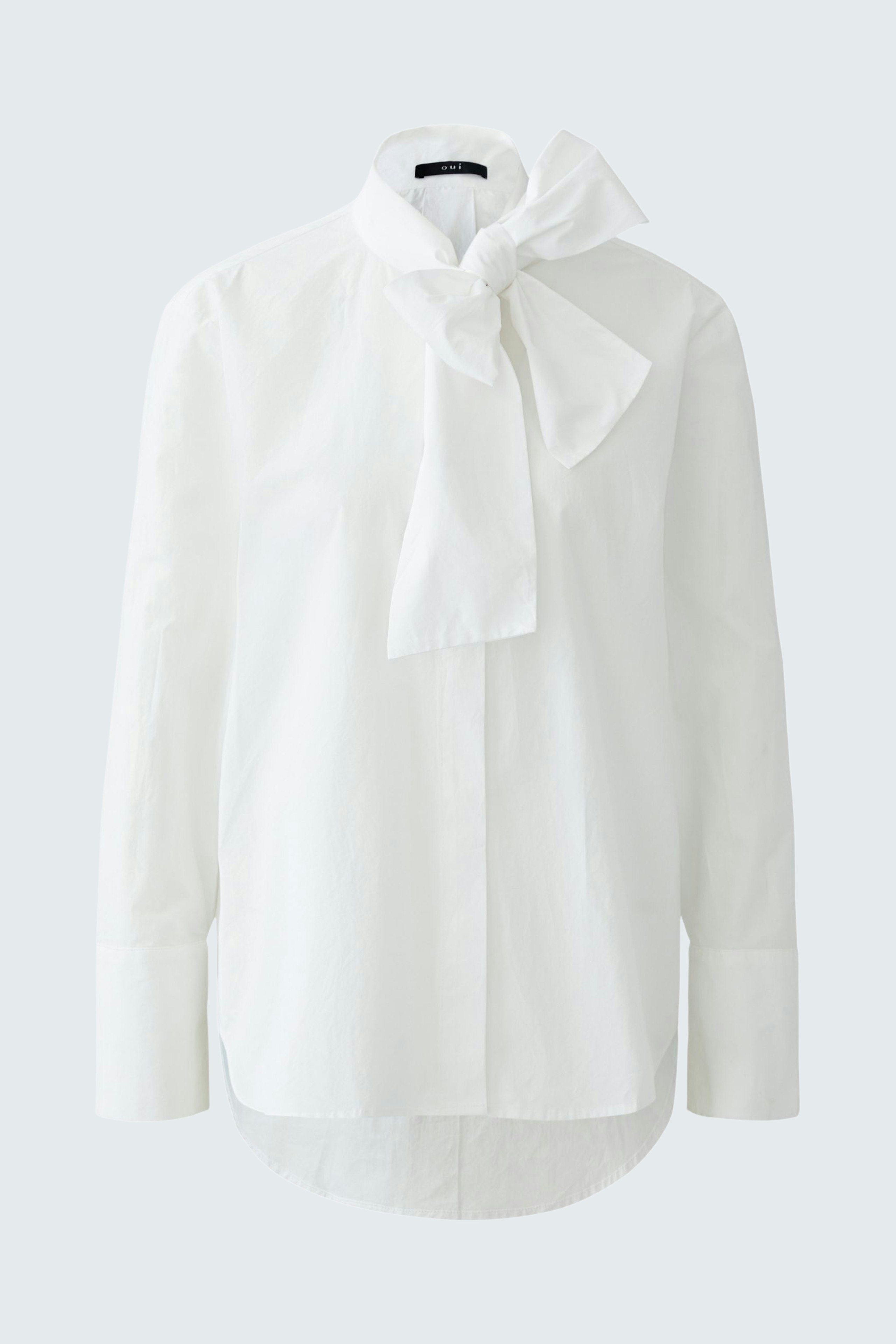 White blouse with a bow tie collar, designed for women, perfect for casual or office wear.