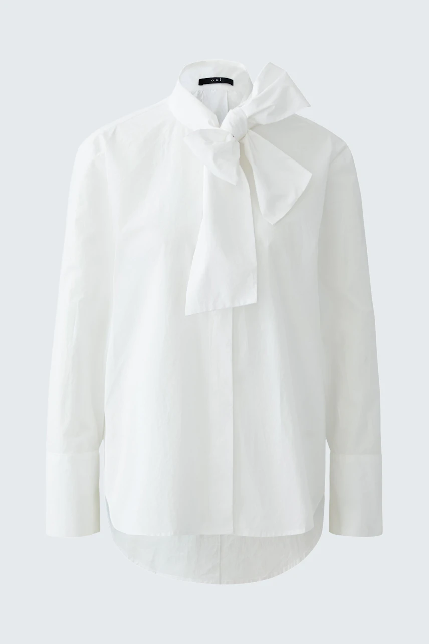 White blouse with a bow tie collar, designed for women, perfect for casual or office wear.