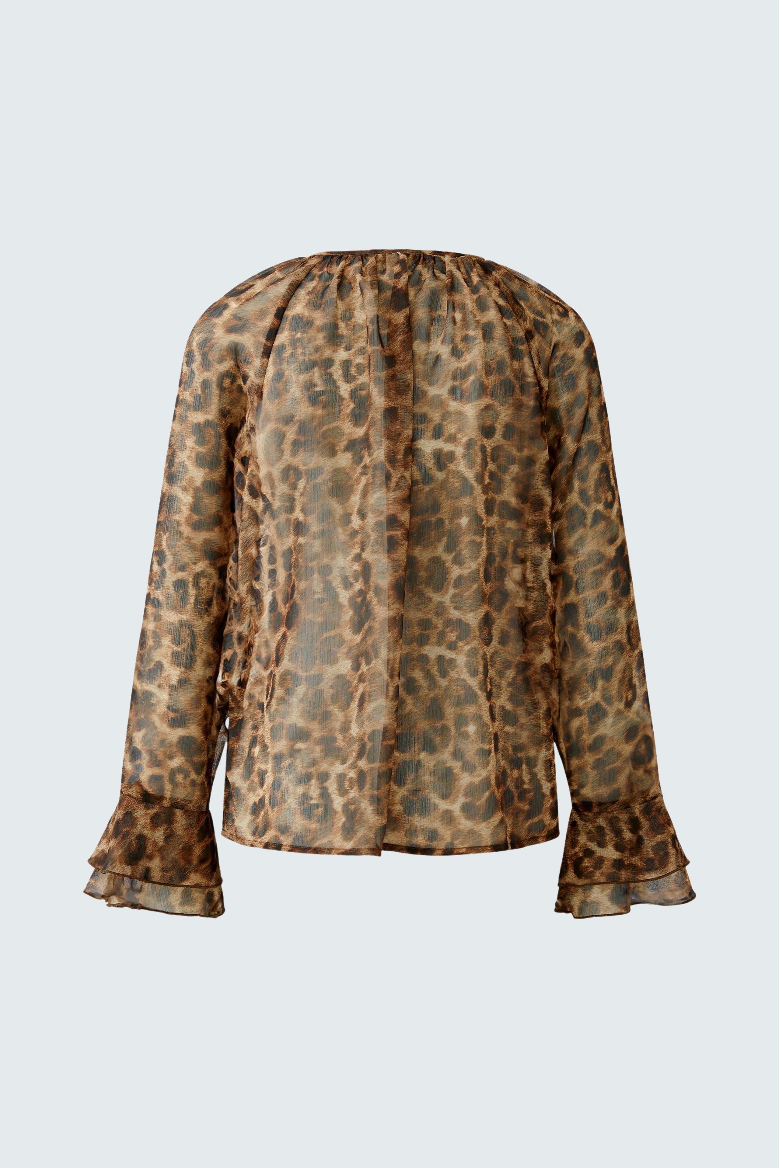 Lightweight women's blouse with a leopard print and flared sleeves, perfect for casual wear.