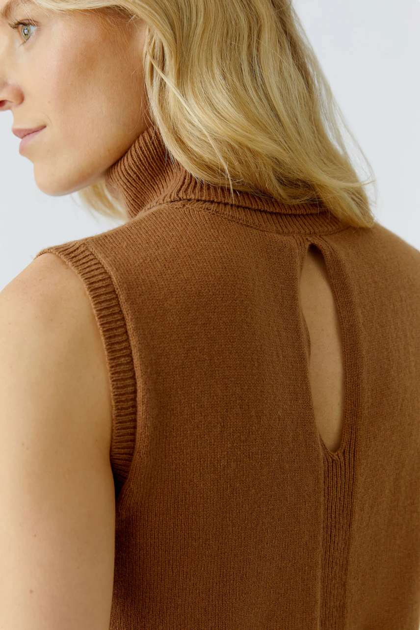 Stylish women's top: Close-up of a woman in a brown sleeveless top with a high neck and back keyhole detail.