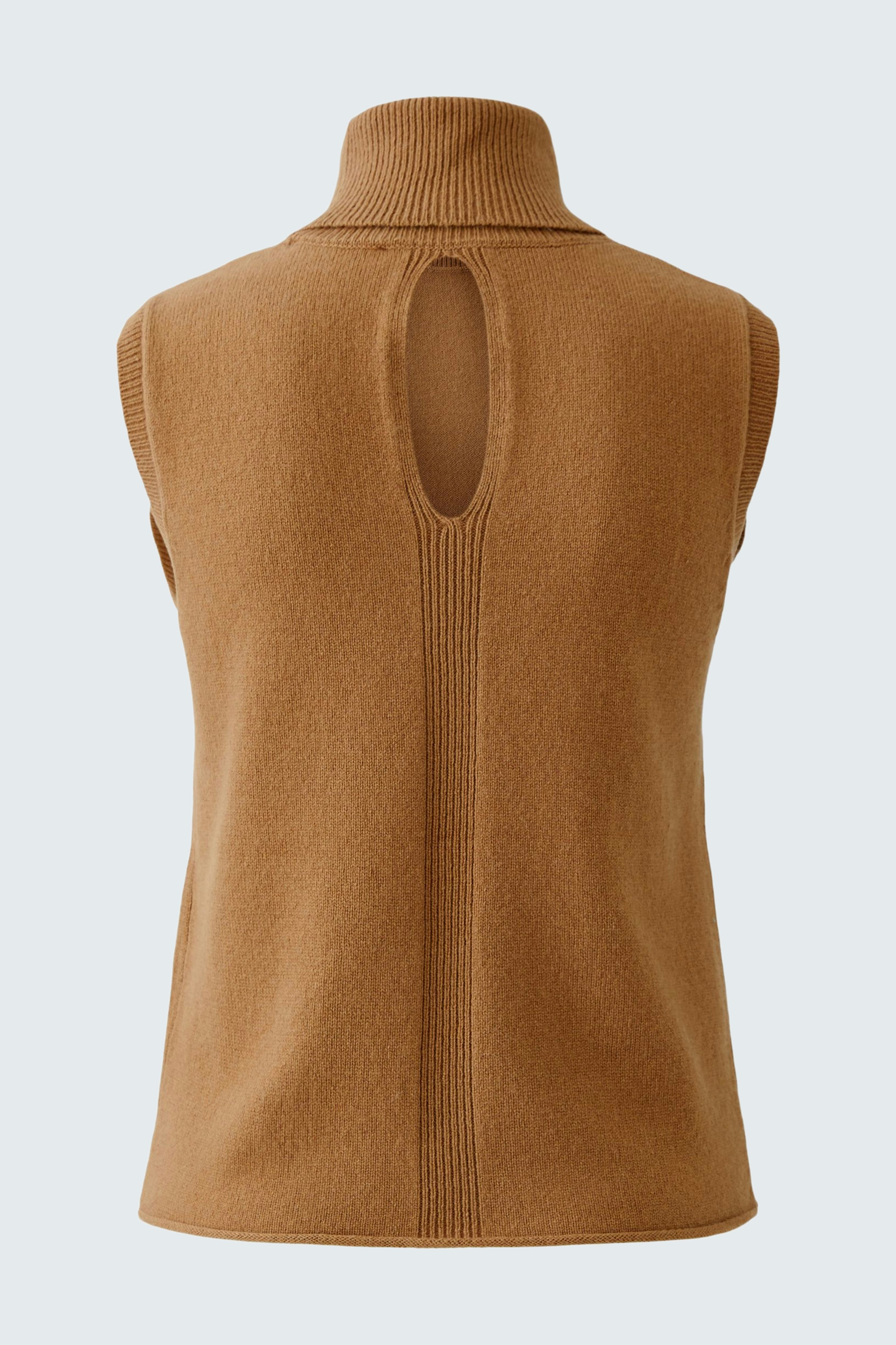 Casual women's top: A brown sleeveless pullover with a high neck and a back cutout detail.
