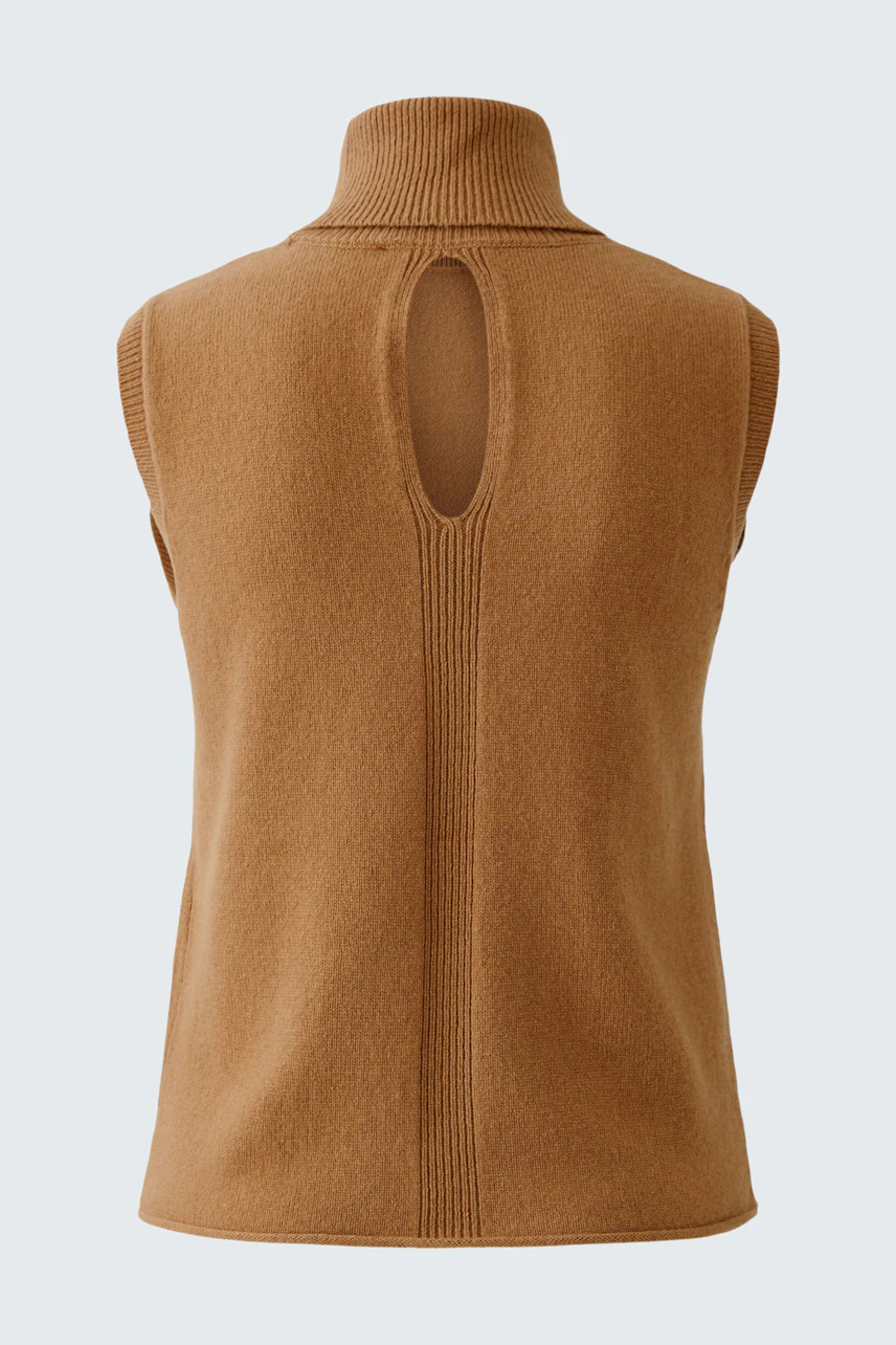Casual women's top: A brown sleeveless pullover with a high neck and a back cutout detail.