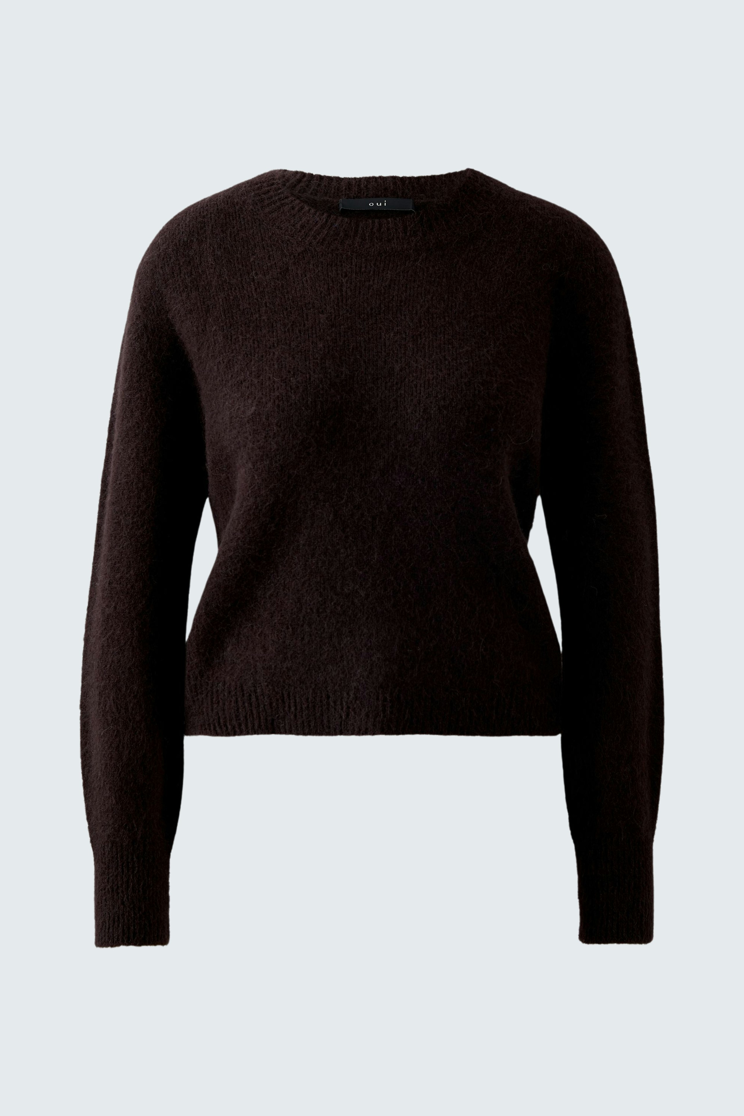 Casual women's pullover in dark brown, featuring a soft texture and relaxed fit.