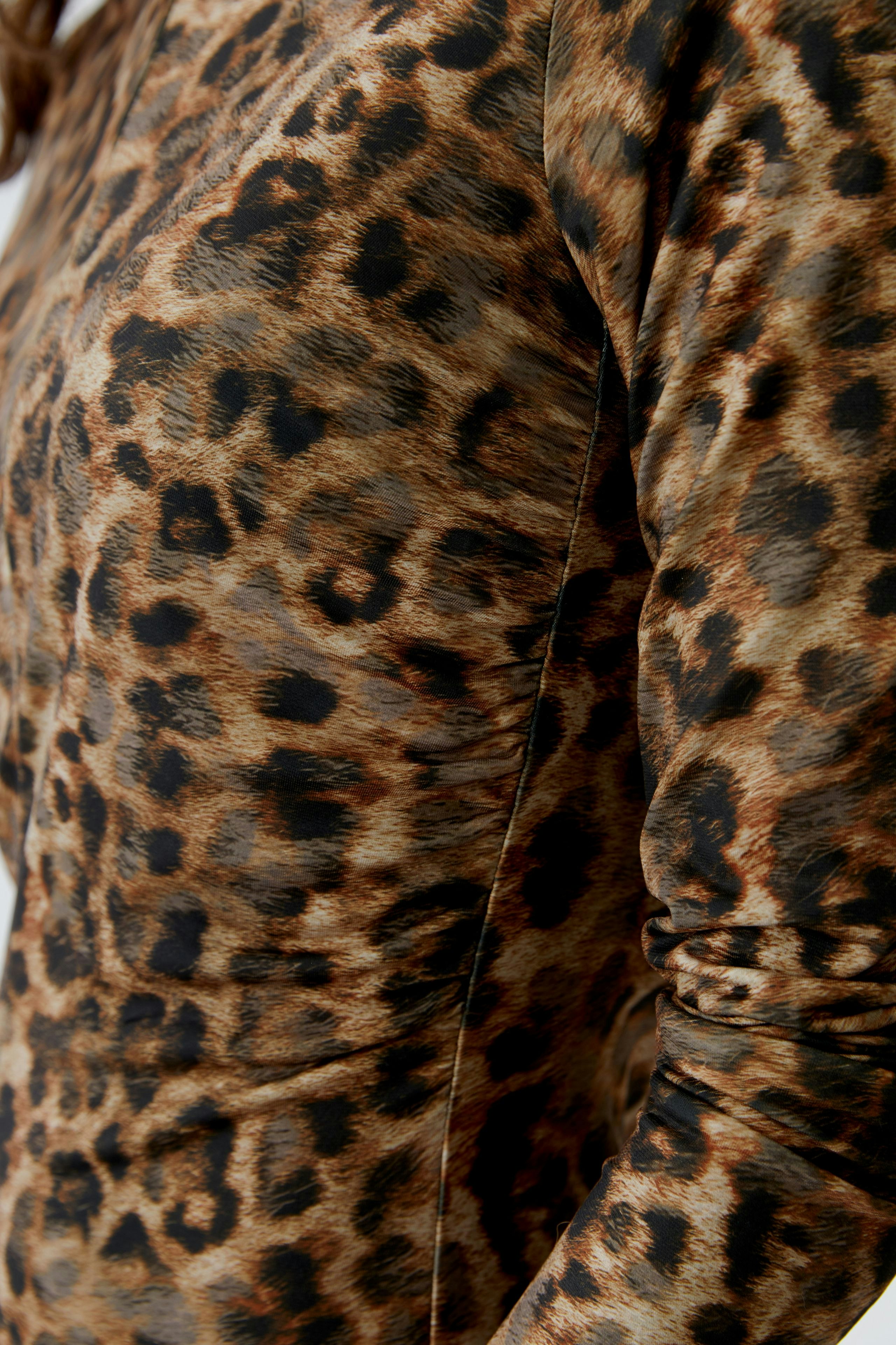 Leopard print dress: Woman in a fitted dress featuring a bold animal pattern.