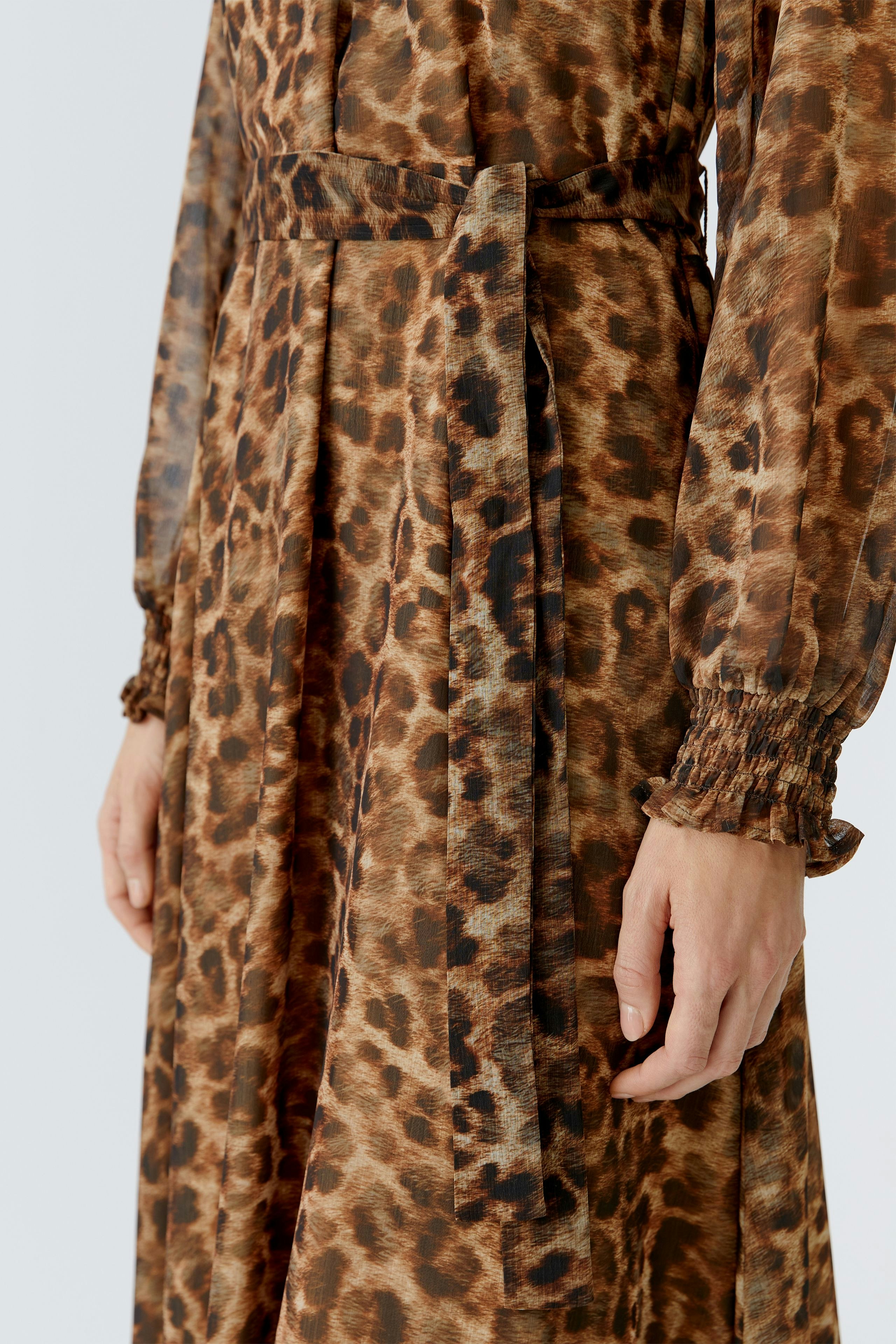 Leopard print maxi dress: Woman wearing a flowing dress with a belted waist and long sleeves.