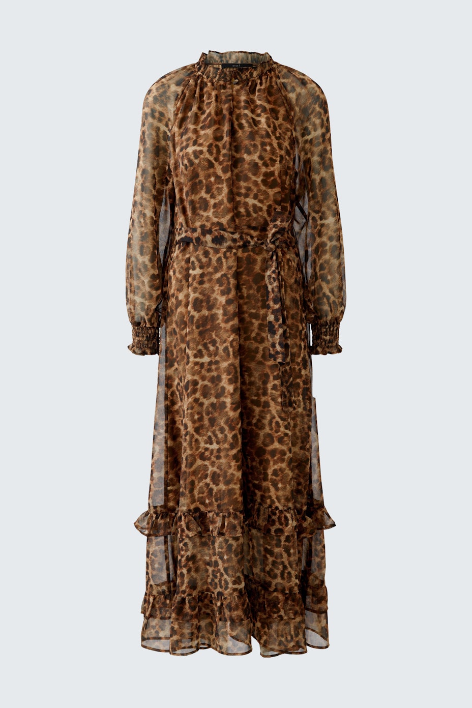 Maxikleid in Leo-Optik: Langes, transparentes Kleid mit Rüschendetails und Bindegürtel.