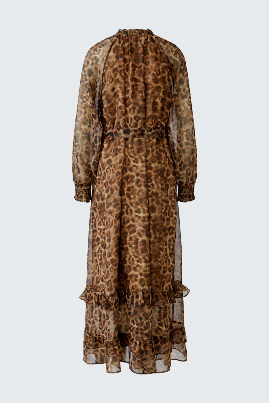 Maxikleid im Leo-Print: Transparente, langärmlige Damenkleidung mit Rüschendetails.