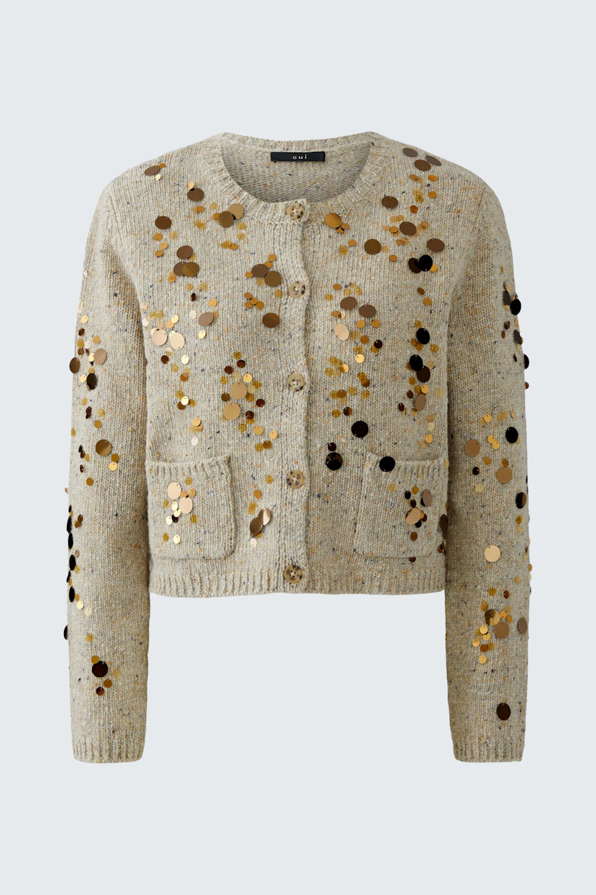 Casual women's cardigan: Light grey with decorative dots, featuring a button closure and two front pockets.