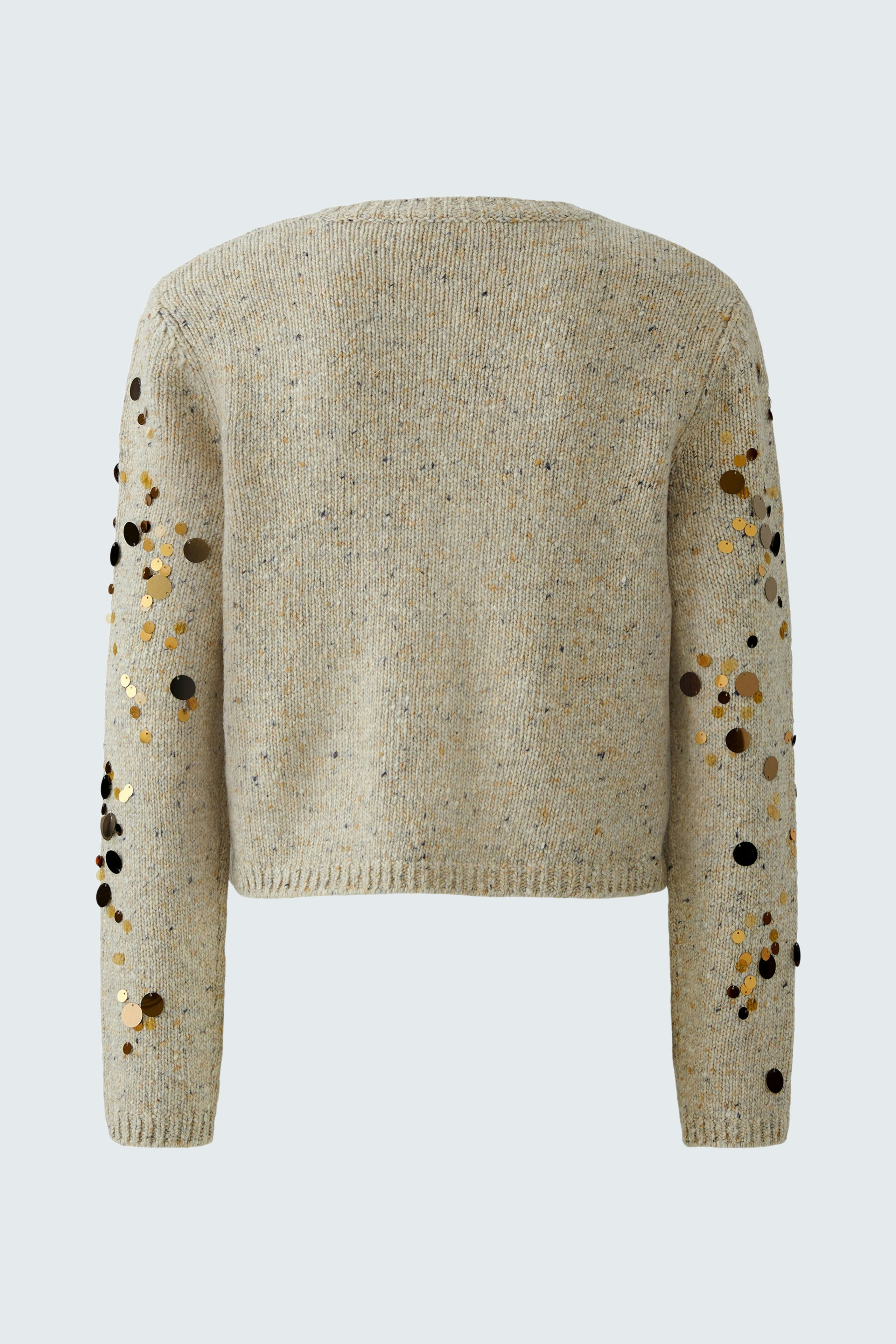 Casual women's cardigan: Back view of a light beige cardigan with colorful embellishments on sleeves.