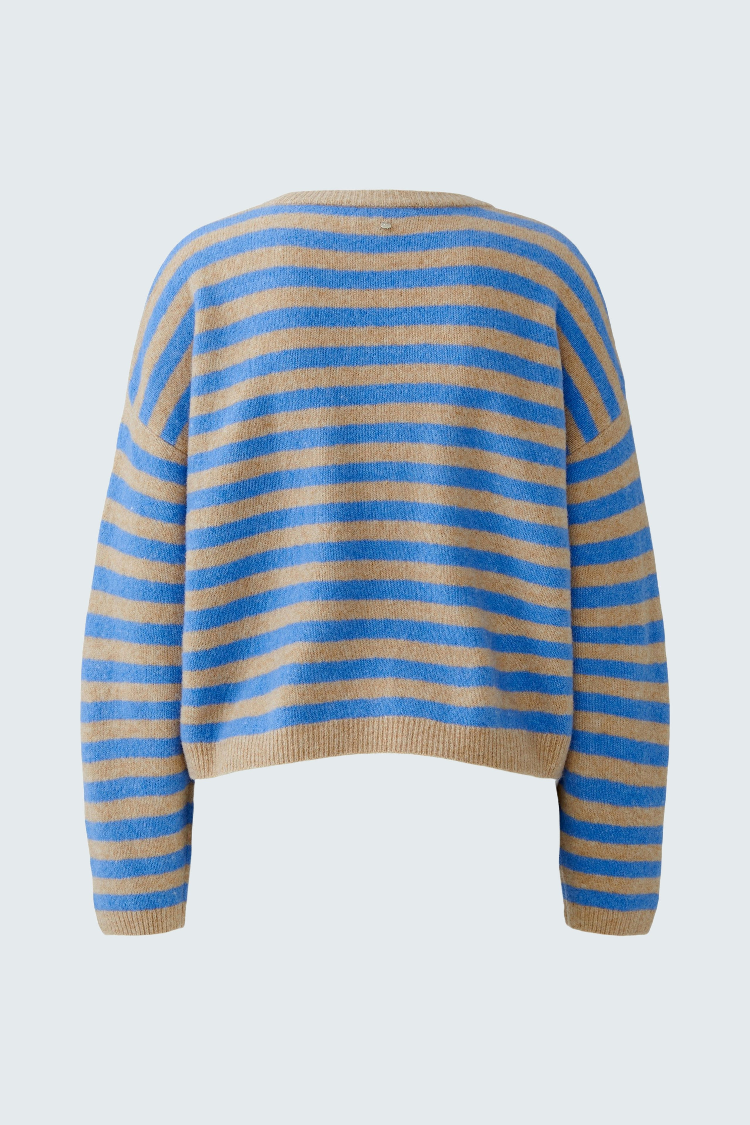 Gemusterter Damen-Pullover: Rückansicht eines blauen Pullovers mit beigen Streifen.