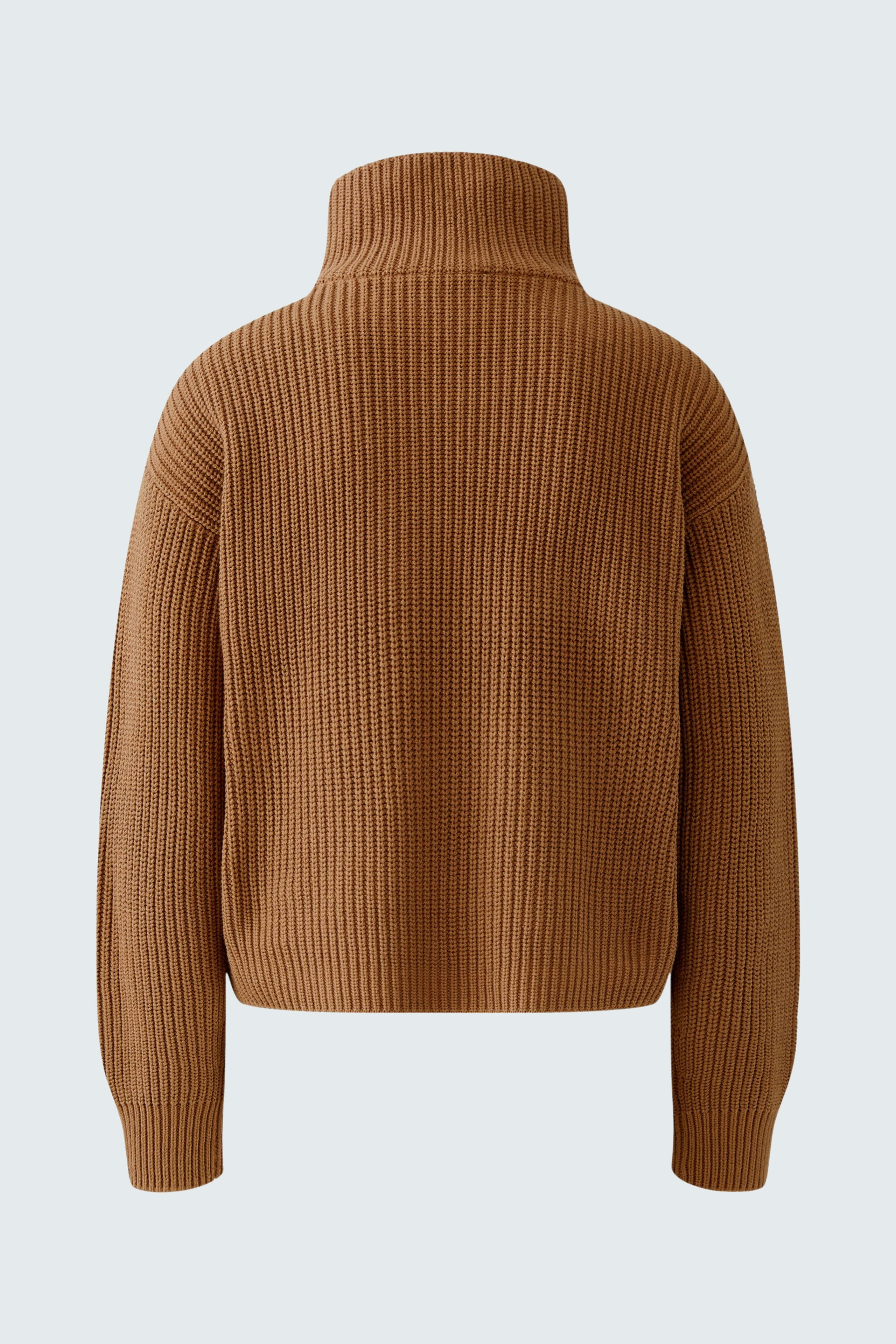 Cozy women's pullover: Back view of a brown ribbed pullover with a high collar.
