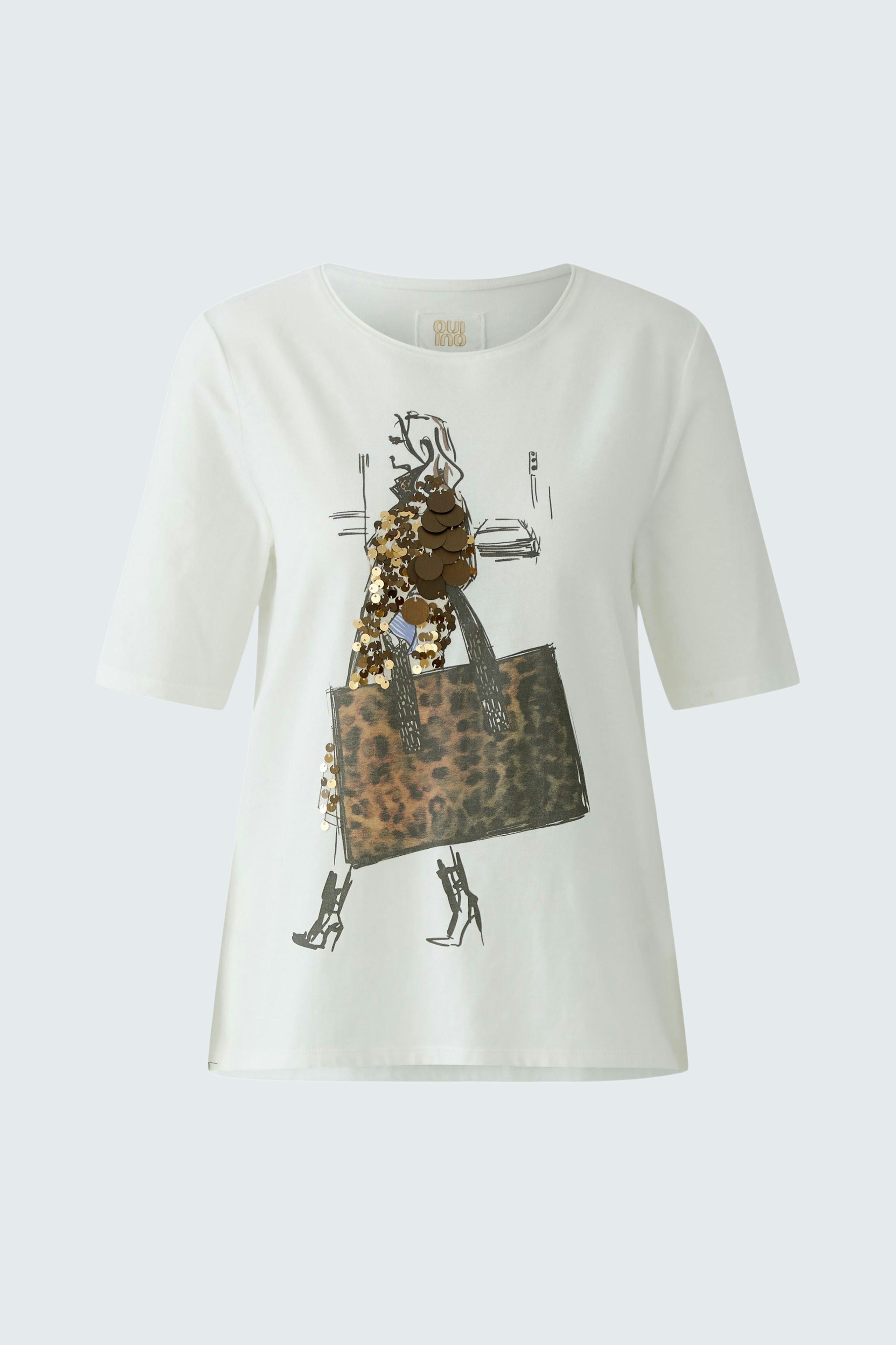 Casual women's T-shirt featuring a graphic print of a stylish woman with a large bag.