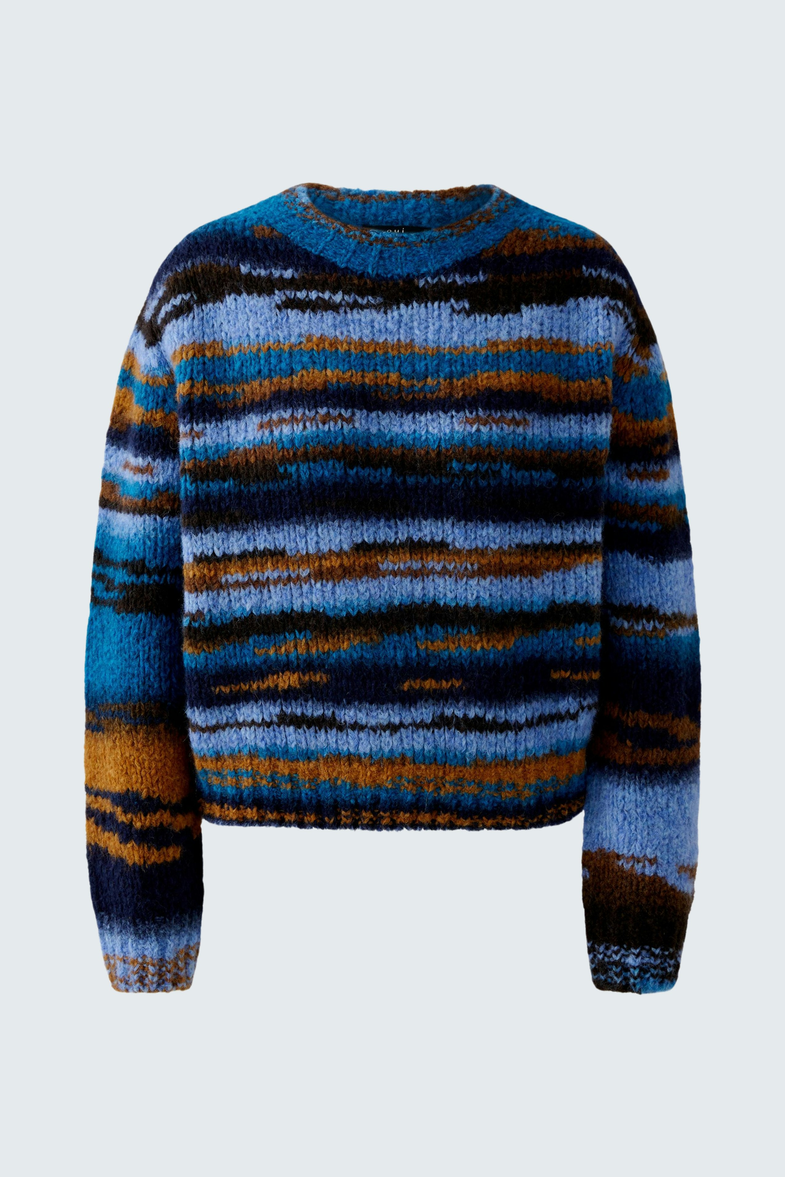 Colorful women's pullover with a relaxed fit, featuring a unique striped pattern in blue and brown.