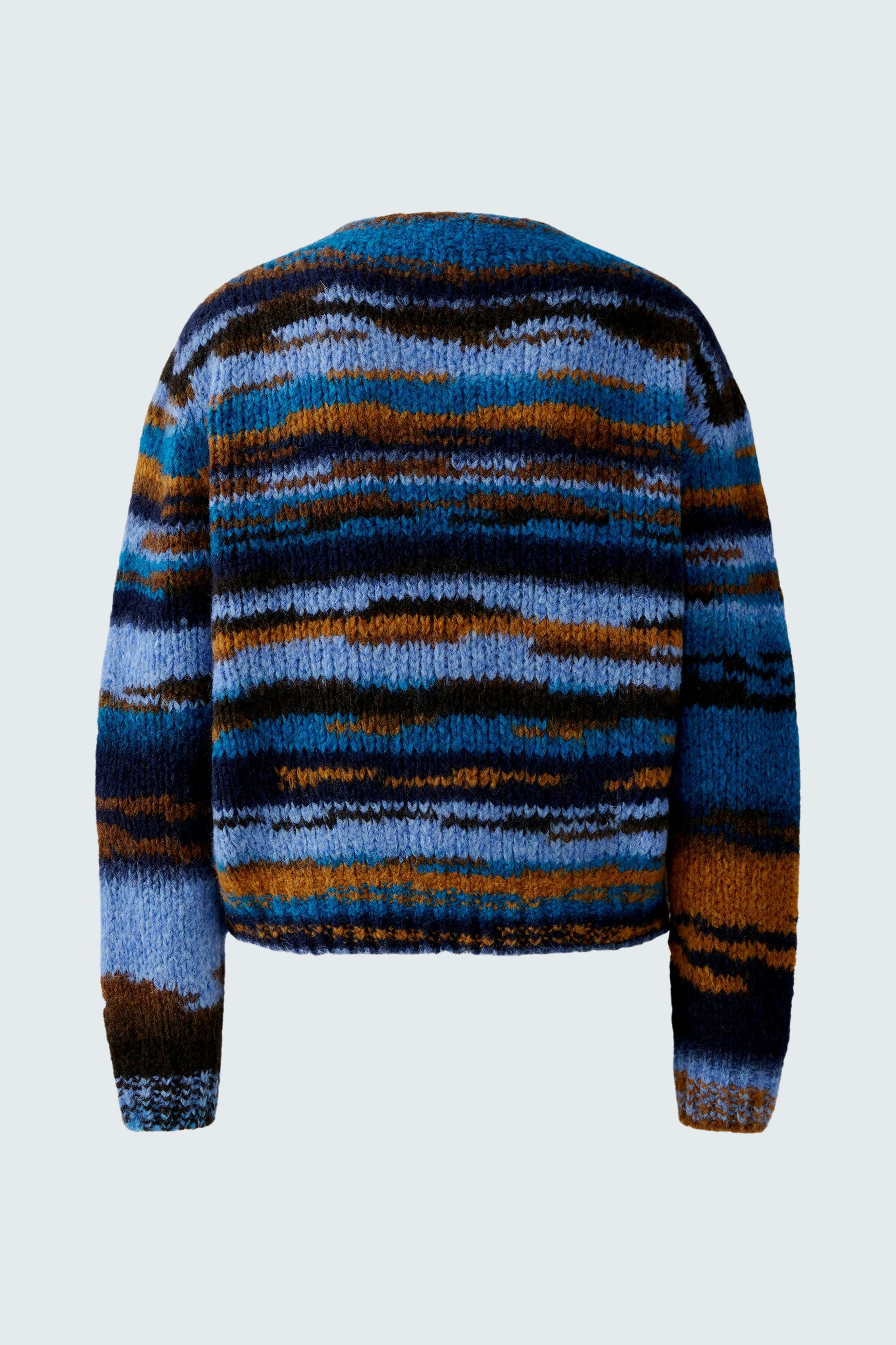 Colorful women's pullover with a relaxed fit, featuring a unique striped pattern in blue and brown.
