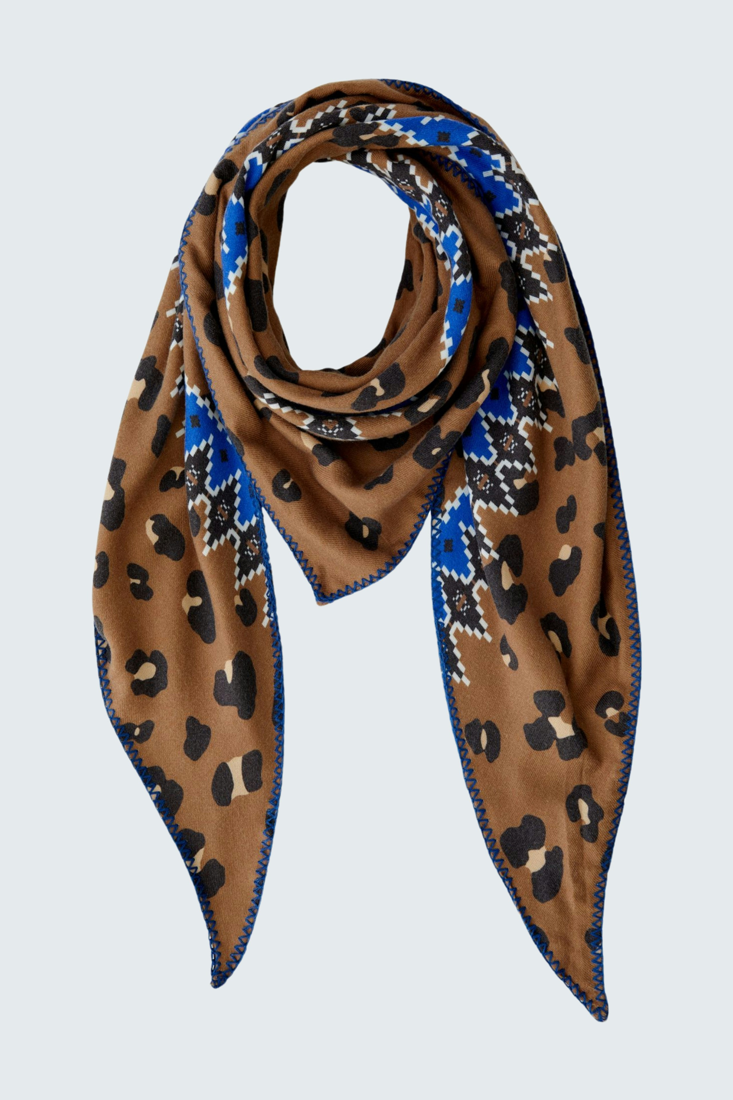 Stylish women's scarf in brown with leopard print and blue accents, perfect for any outfit.
