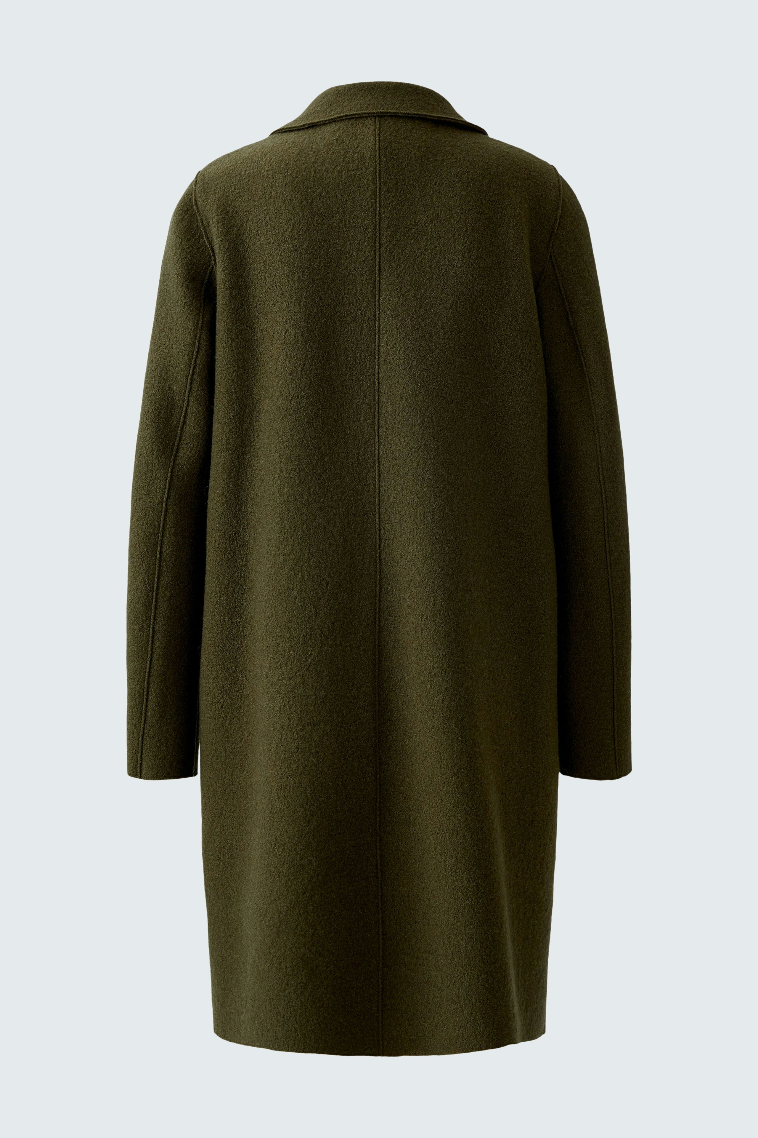Damen Wollmantel: Rückansicht eines grünen, schlichten Wollmantels mit geradem Schnitt.