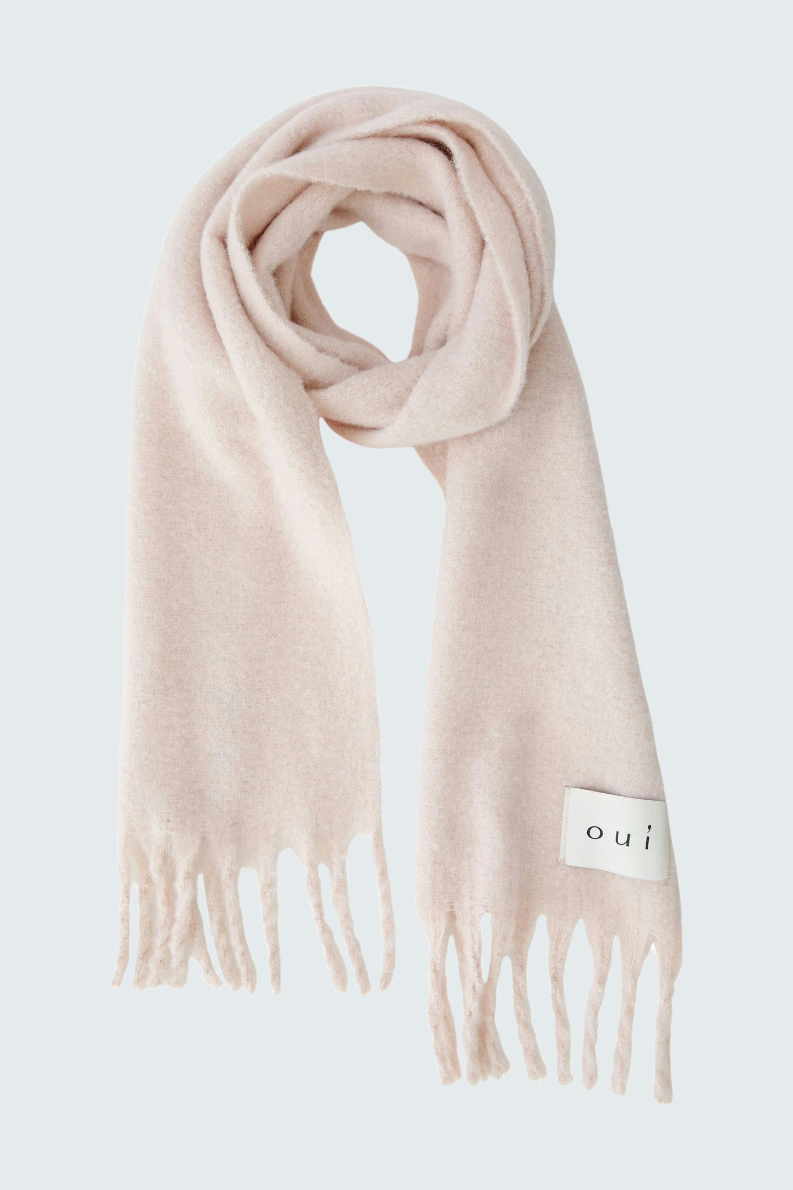 Weicher Damen-Schal in zartem Rosa mit Fransen und Logo-Detail.