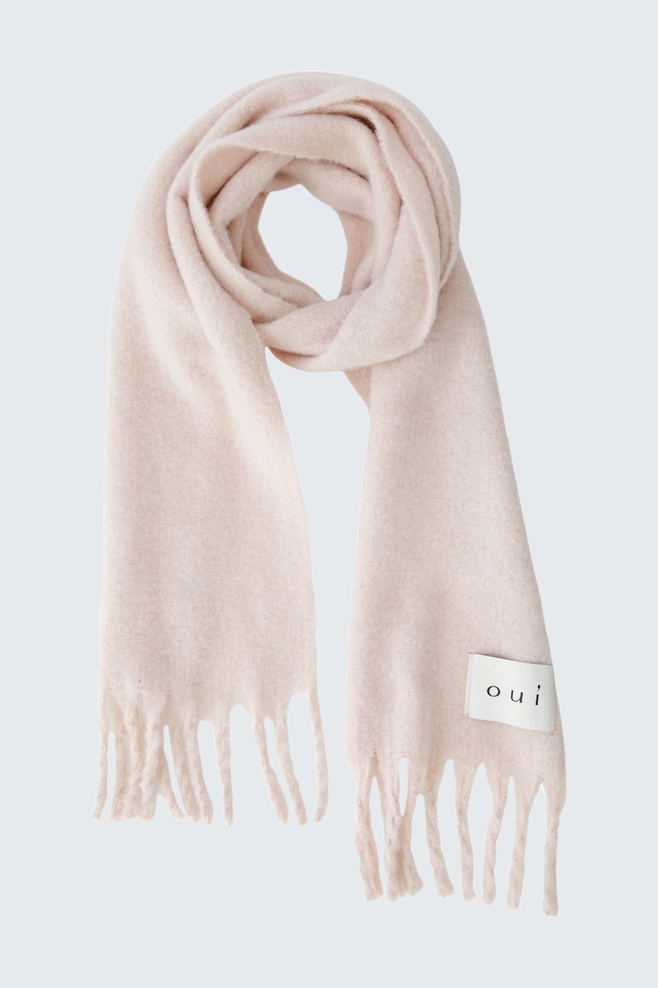 Weicher Damen-Schal in zartem Rosa mit Fransen und Logo-Detail.