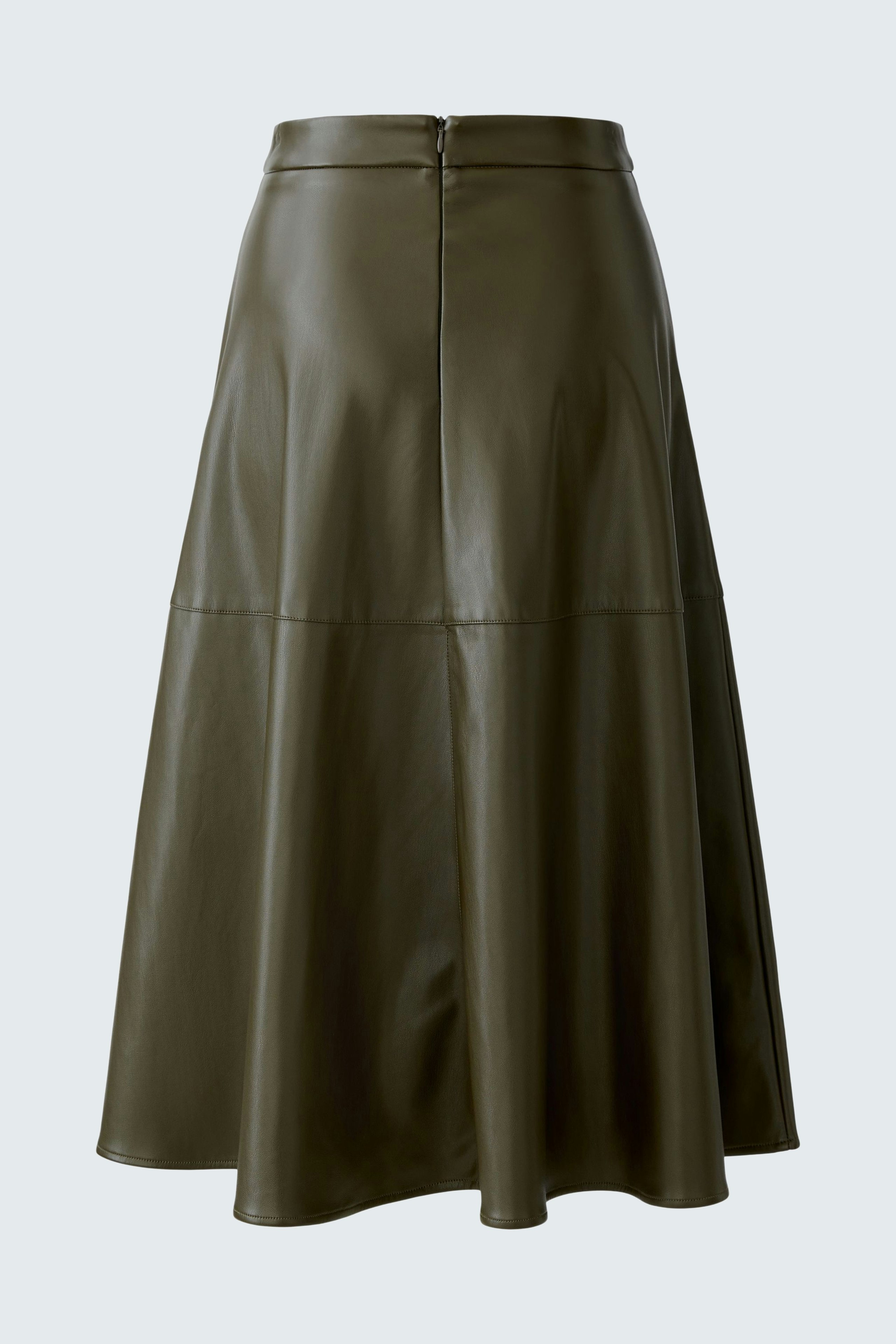A-line skirt: A woman in a stylish olive green skirt with a flared design, perfect for casual wear.