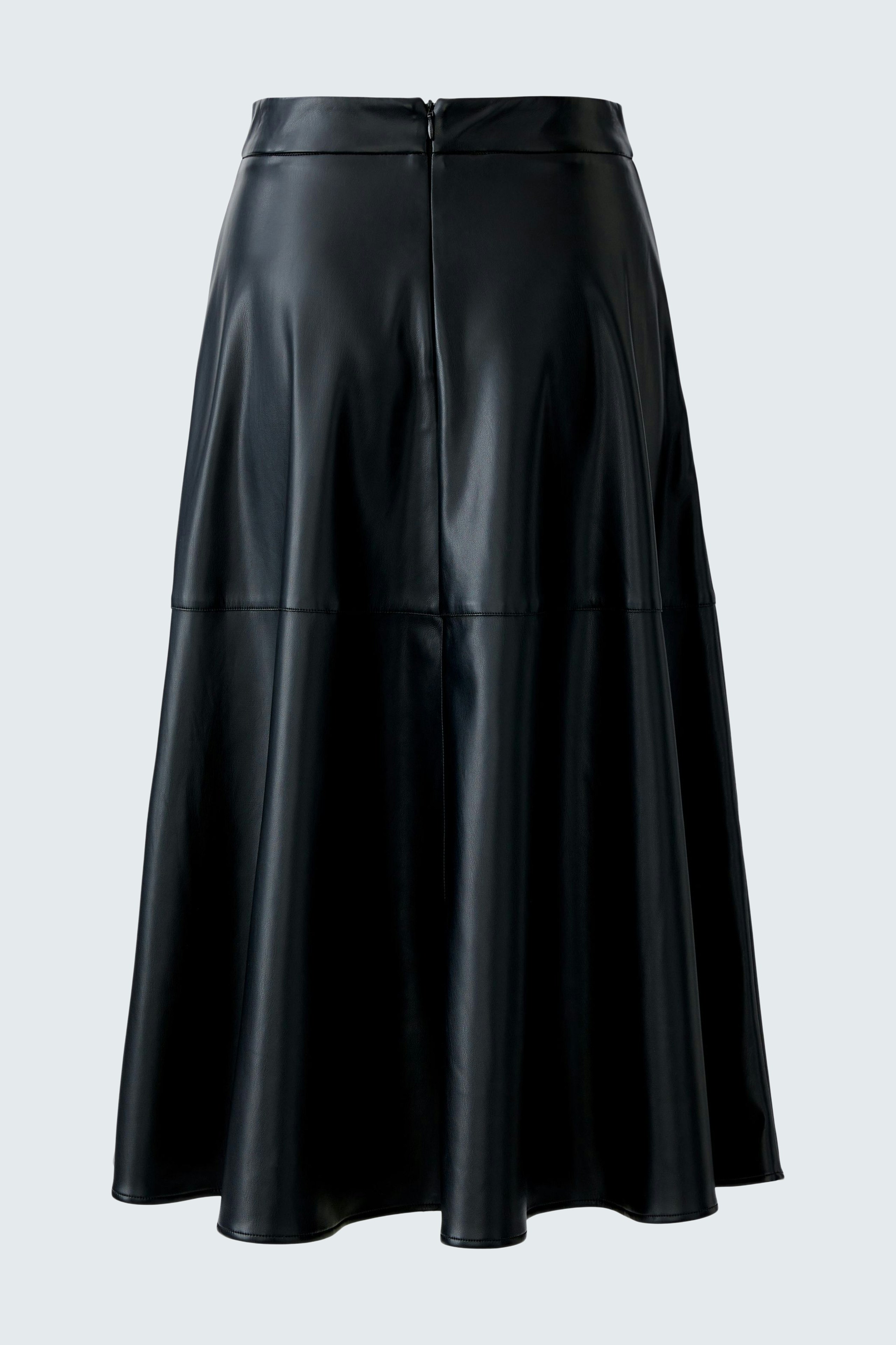 A-line skirt: Black faux leather skirt with a flared design, perfect for casual styling.
