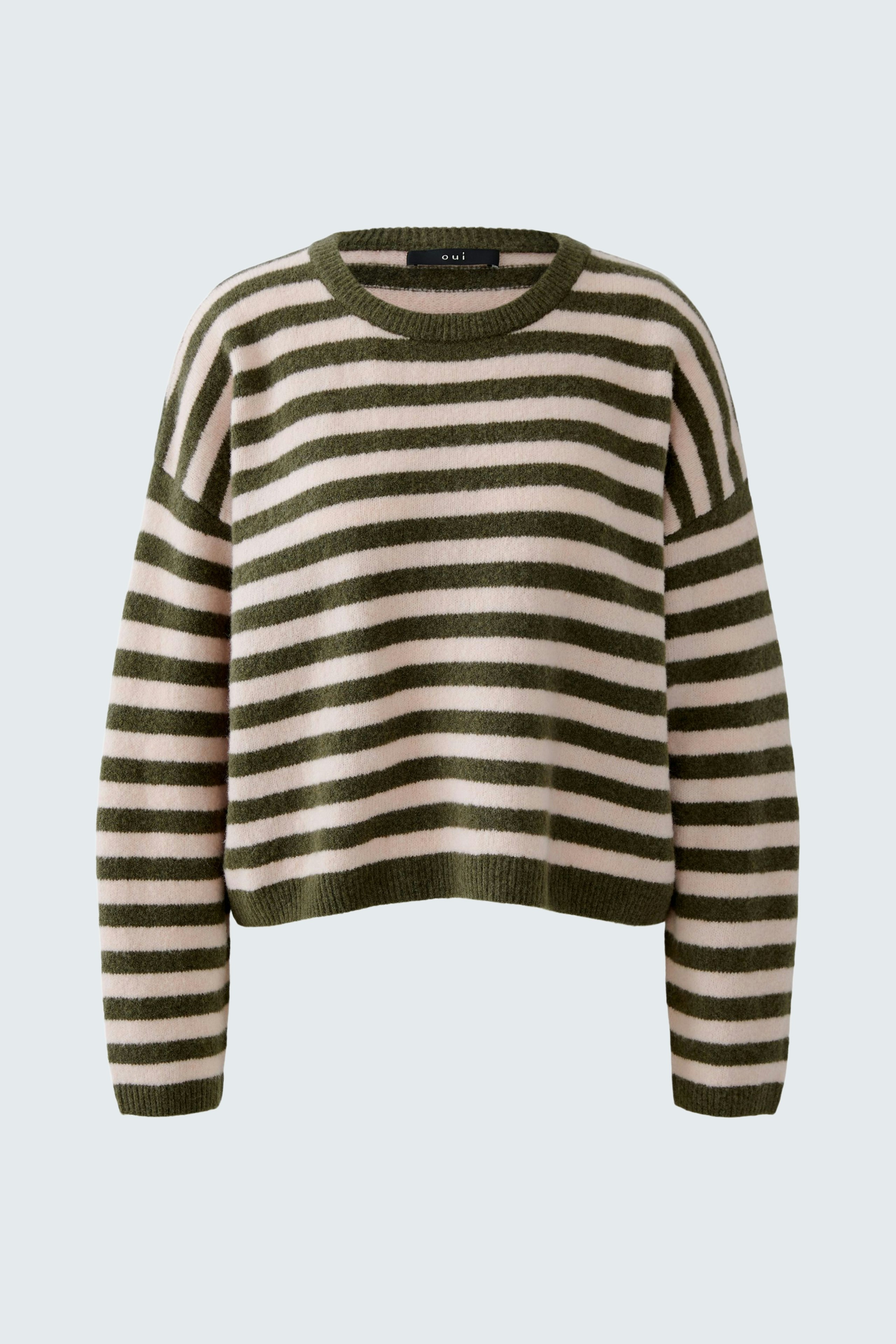 Gemusterter Damen-Pullover: Bequemer, gestreifter Pullover in Rosa und Oliv für lässige Outfits.