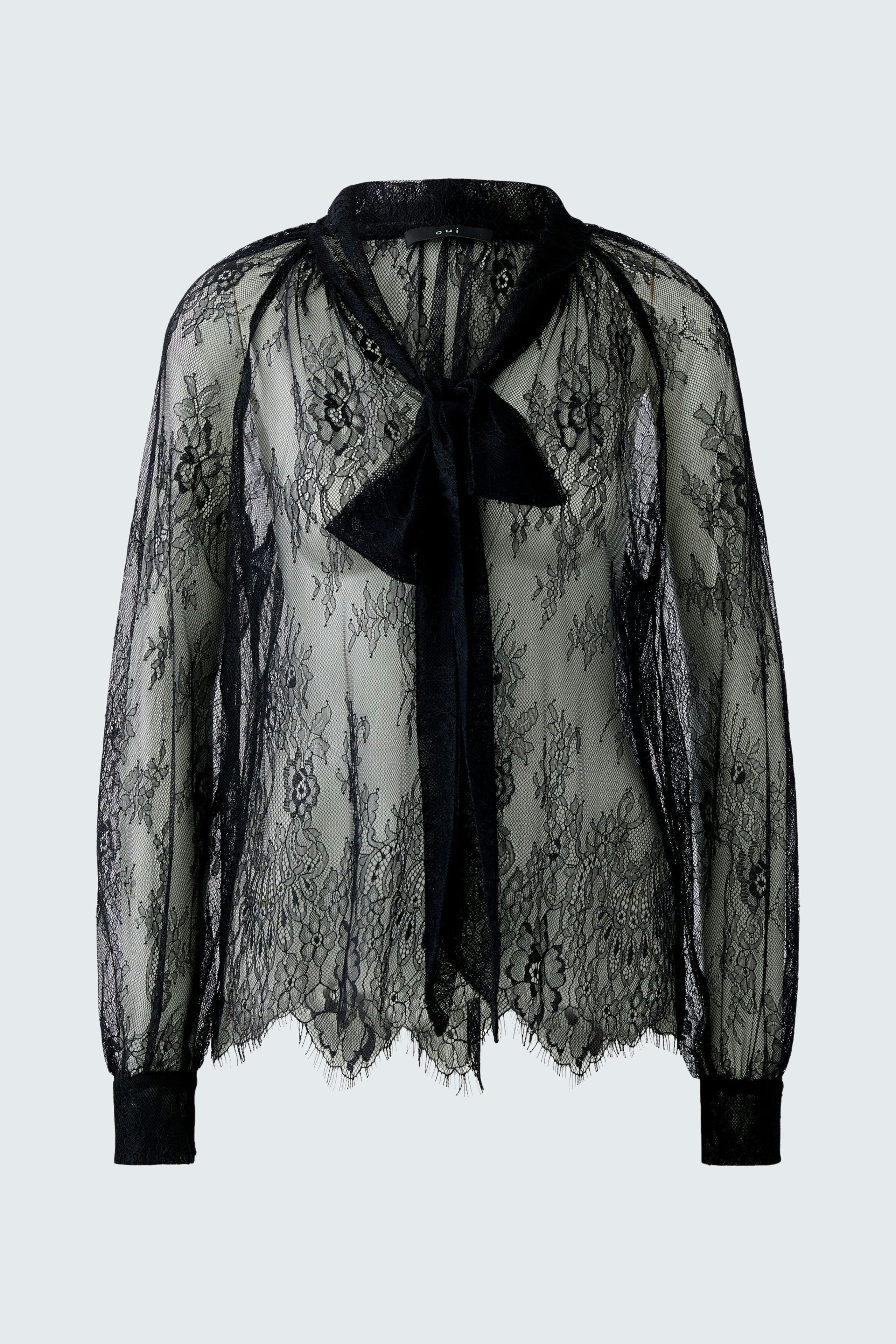 Lightweight black blouse with lace details and a bow tie collar.