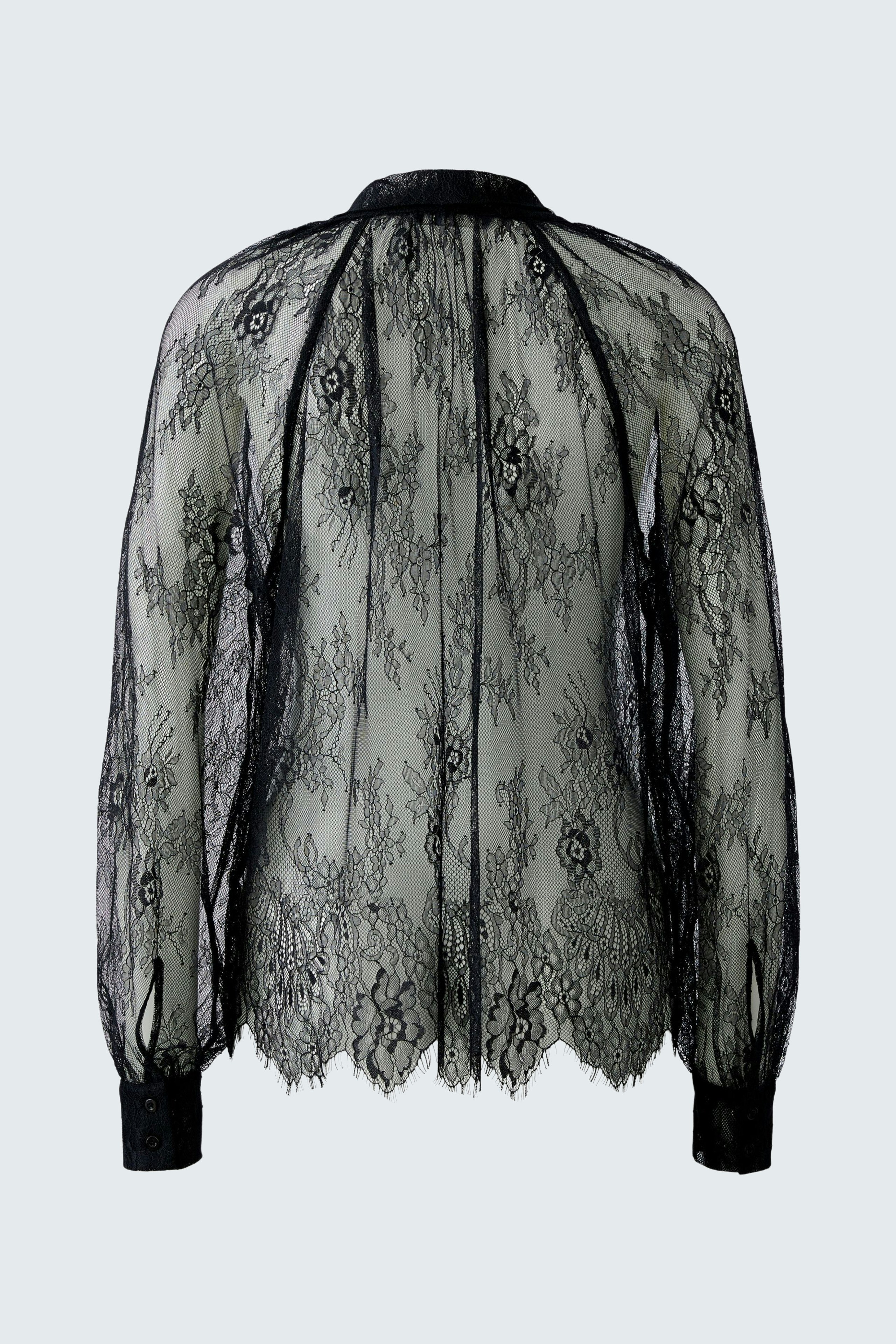 Lightweight black blouse with lace details, featuring a relaxed fit and long sleeves.