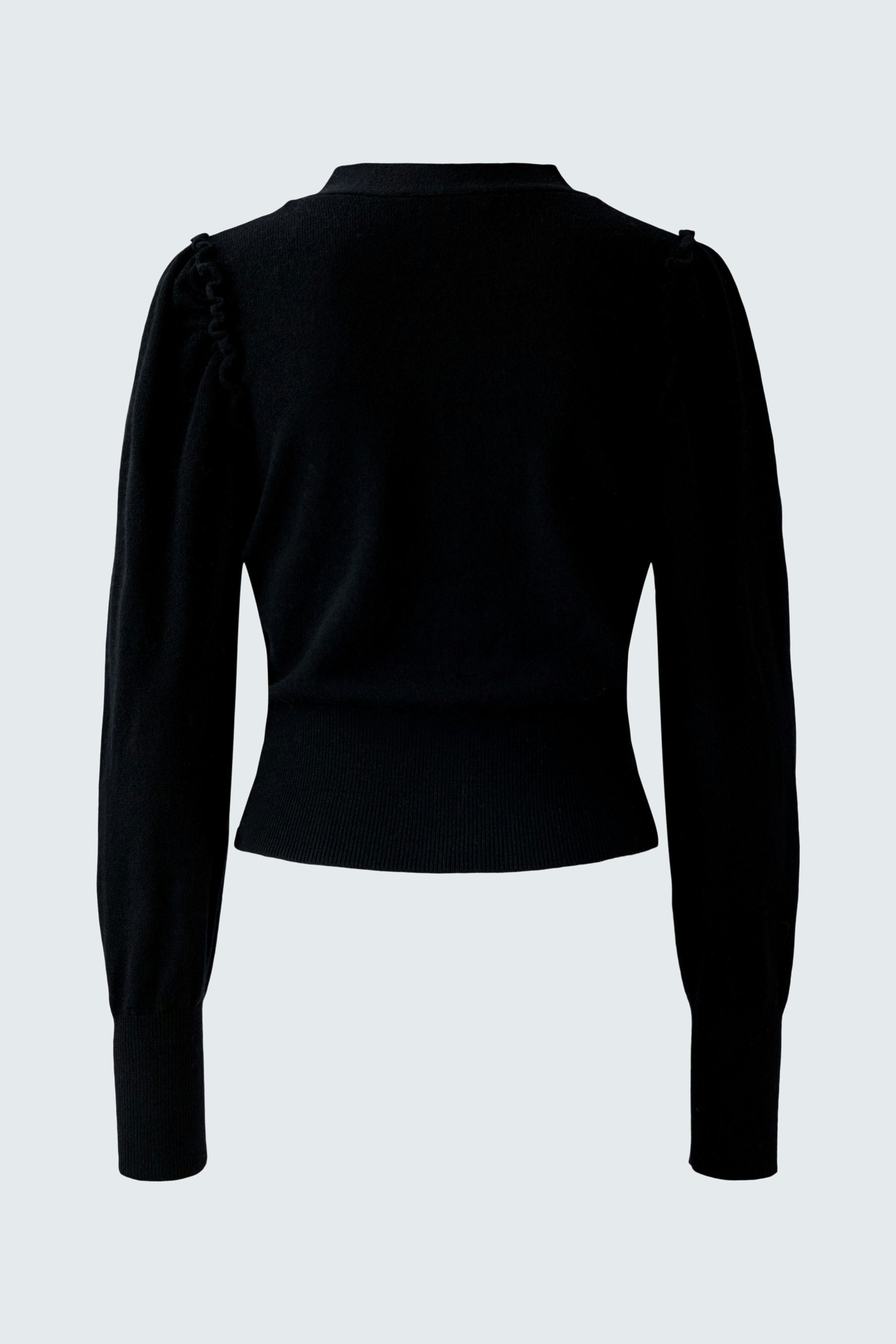 Casual women's cardigan: Black knitted cardigan with puffed sleeves, perfect for layering.