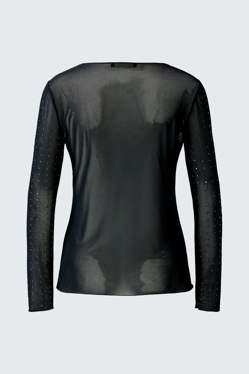 Casual women's long-sleeve shirt in black with a sheer back and textured sleeves.