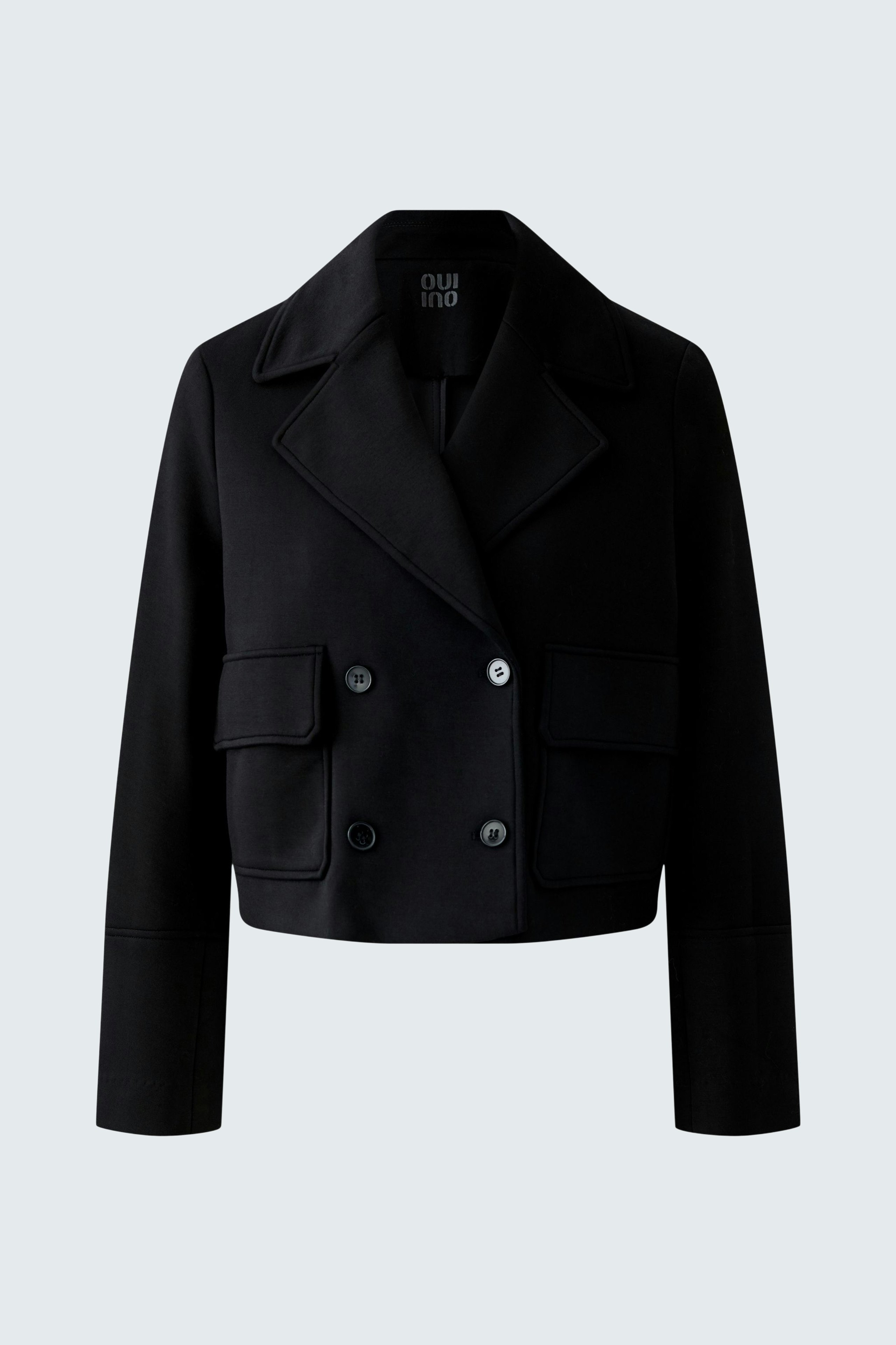 Stylish women's jacket: Black cropped jacket with double-breasted buttons and side pockets.
