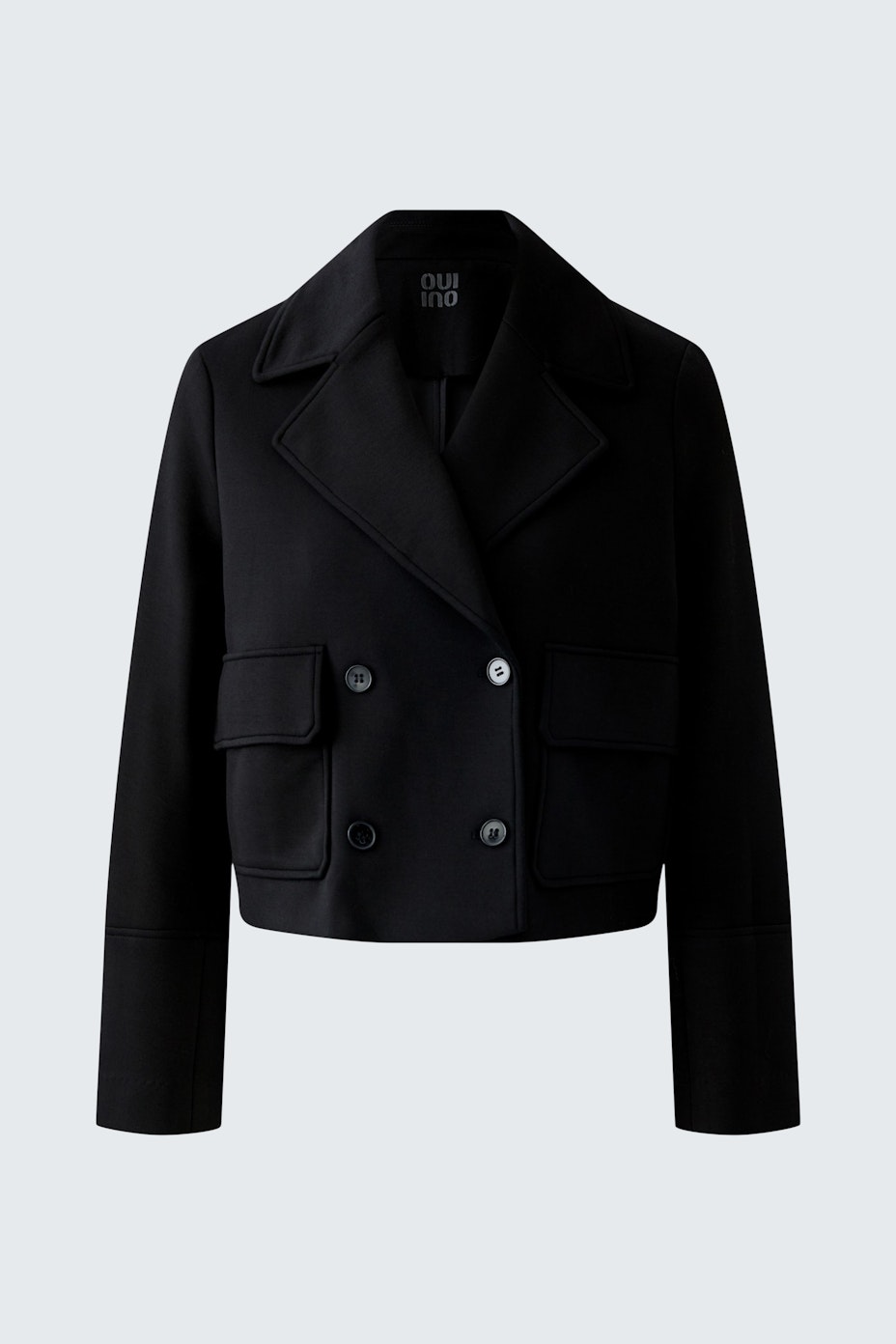 Schwarze Damen-Jacke: Modische, kurze Jacke mit doppelter Knopfleiste und praktischen Taschen.