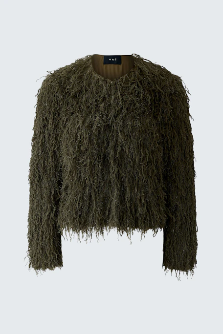 Trendy women's jacket: A stylish green fuzzy jacket with a cropped fit and textured design.