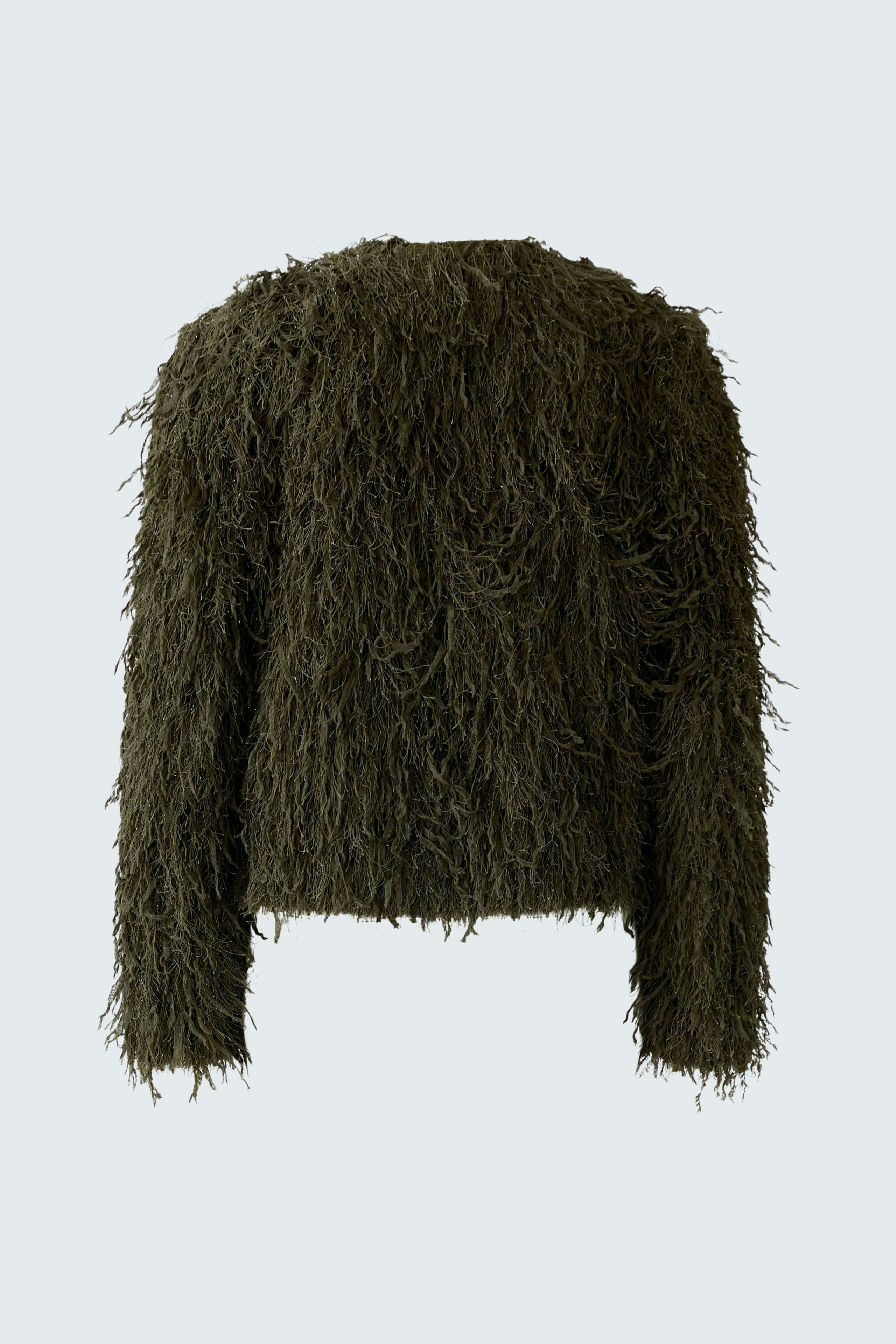 Casual women's jacket: Back view of a green fluffy jacket with long sleeves.