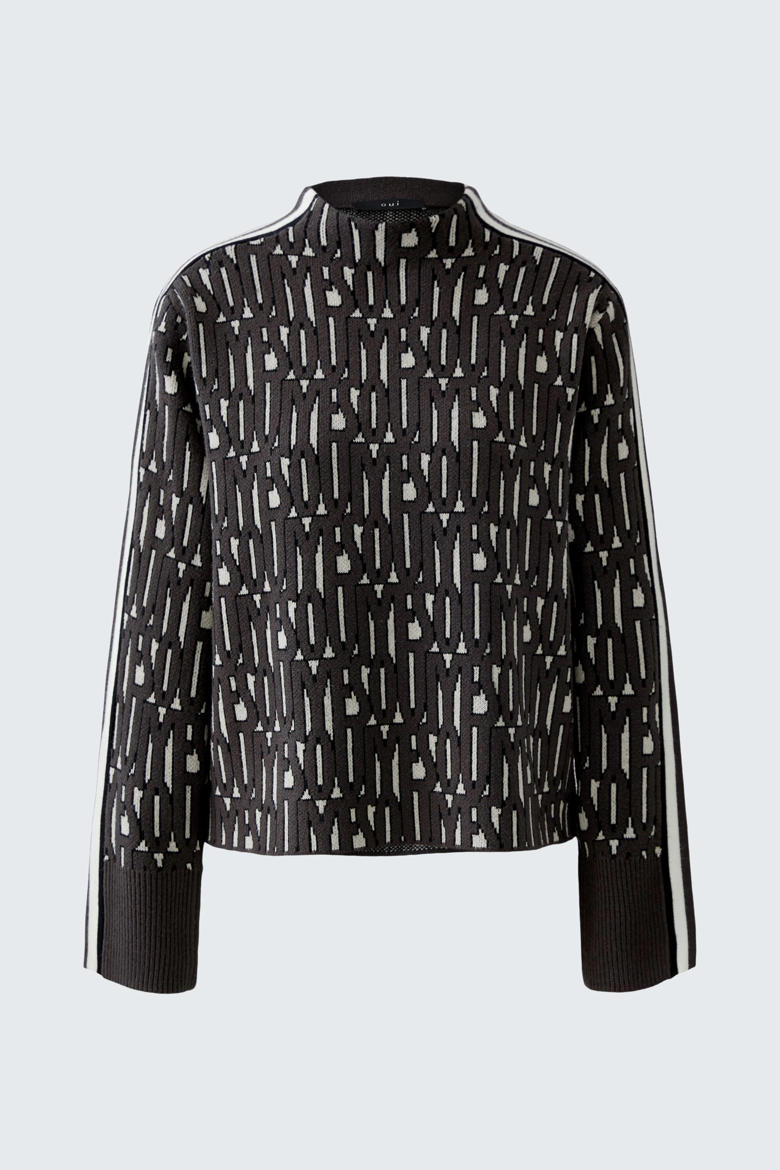 Damen-Pullover: Schwarzer Pullover mit grafischem Muster und hohem Kragen, lässig und modern.