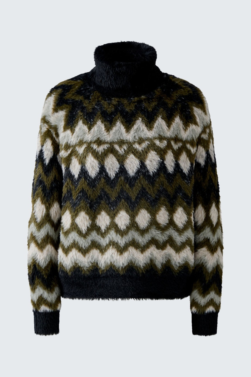 Gemusterter Damen-Pullover: Weicher, farbenfroher Pullover mit hohem Kragen und geometrischem Design.
