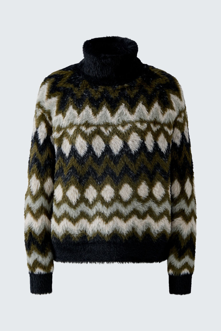 Gemusterter Damen-Pullover: Weicher, farbenfroher Pullover mit hohem Kragen und geometrischem Design.