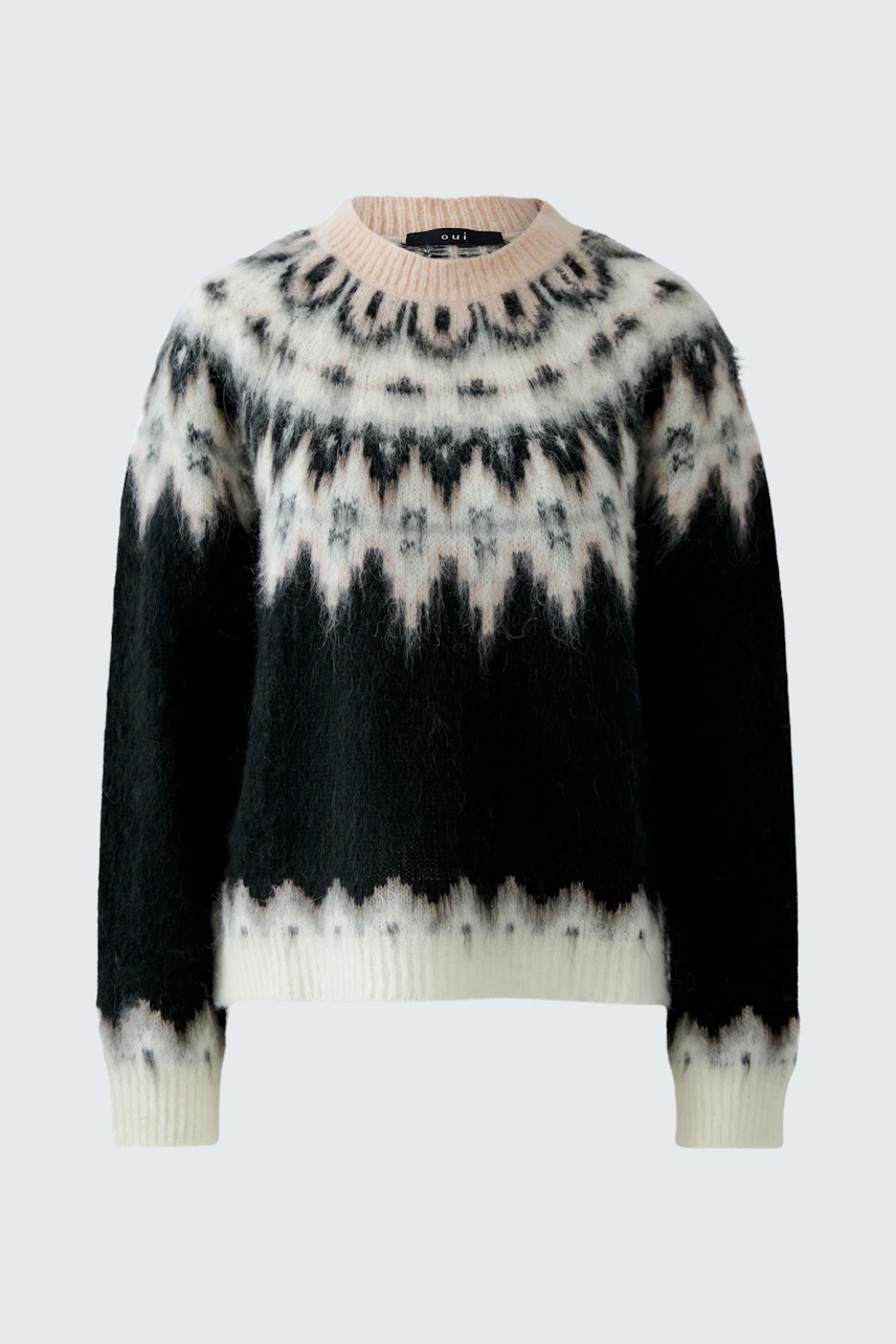 Damen-Pullover in Schwarz mit grafischem Muster und Rundhalsausschnitt, lässig und bequem.