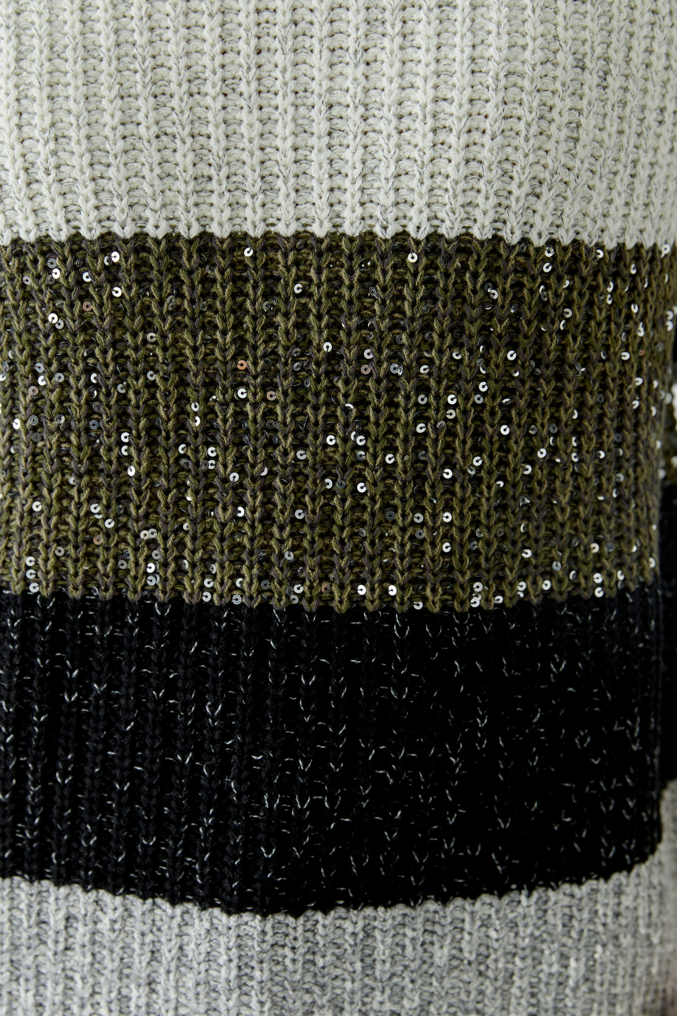 Casual women's pullover: Close-up of a knitted pullover with sequins in green and black stripes.