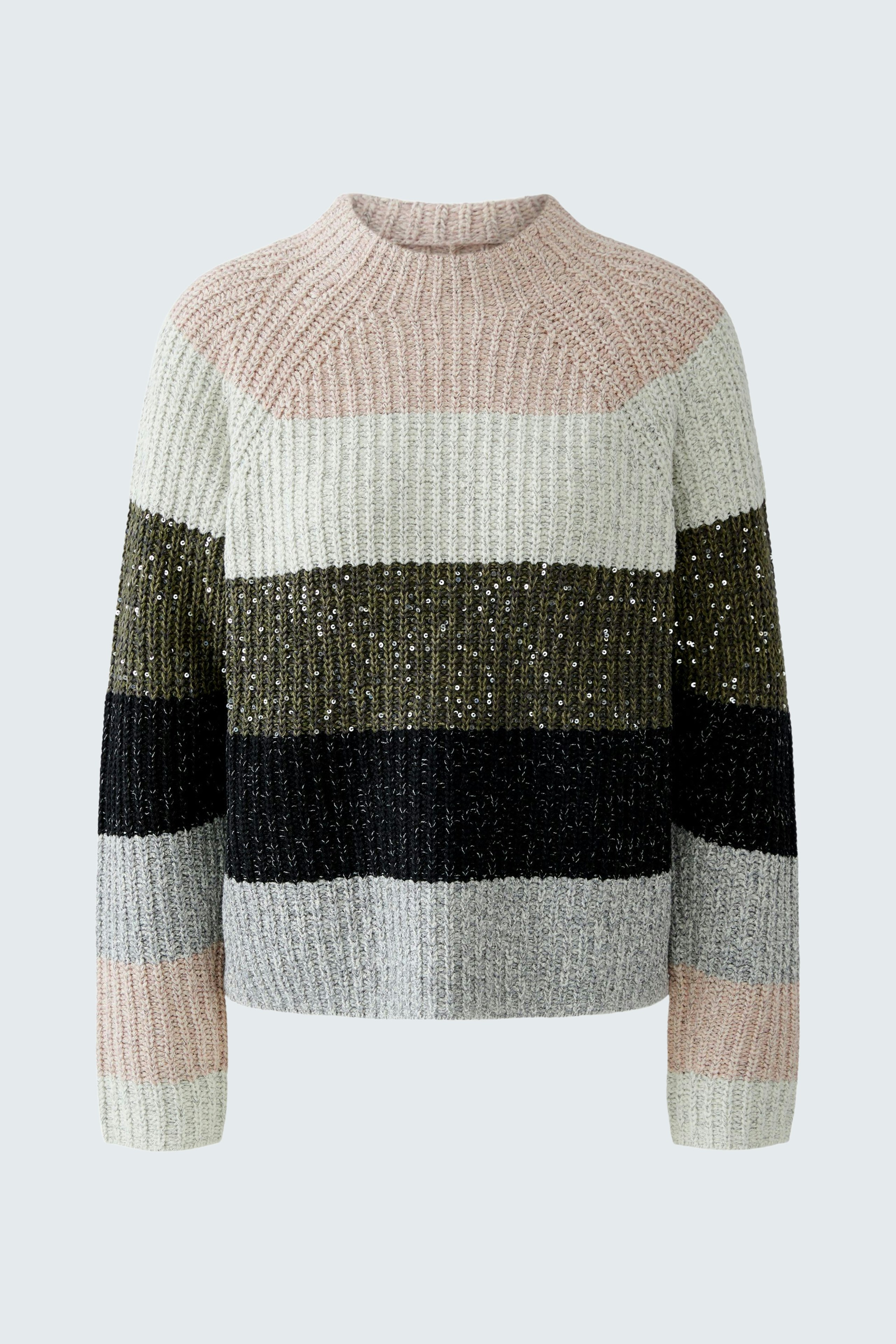Casual women's pullover in soft knit with pink, green, and black stripes.