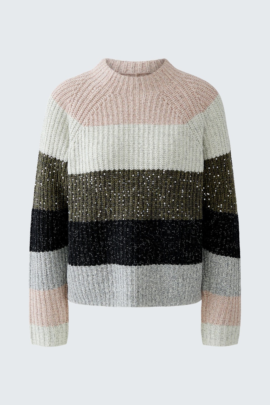 Casual women's pullover in soft knit with pink, green, and black stripes.