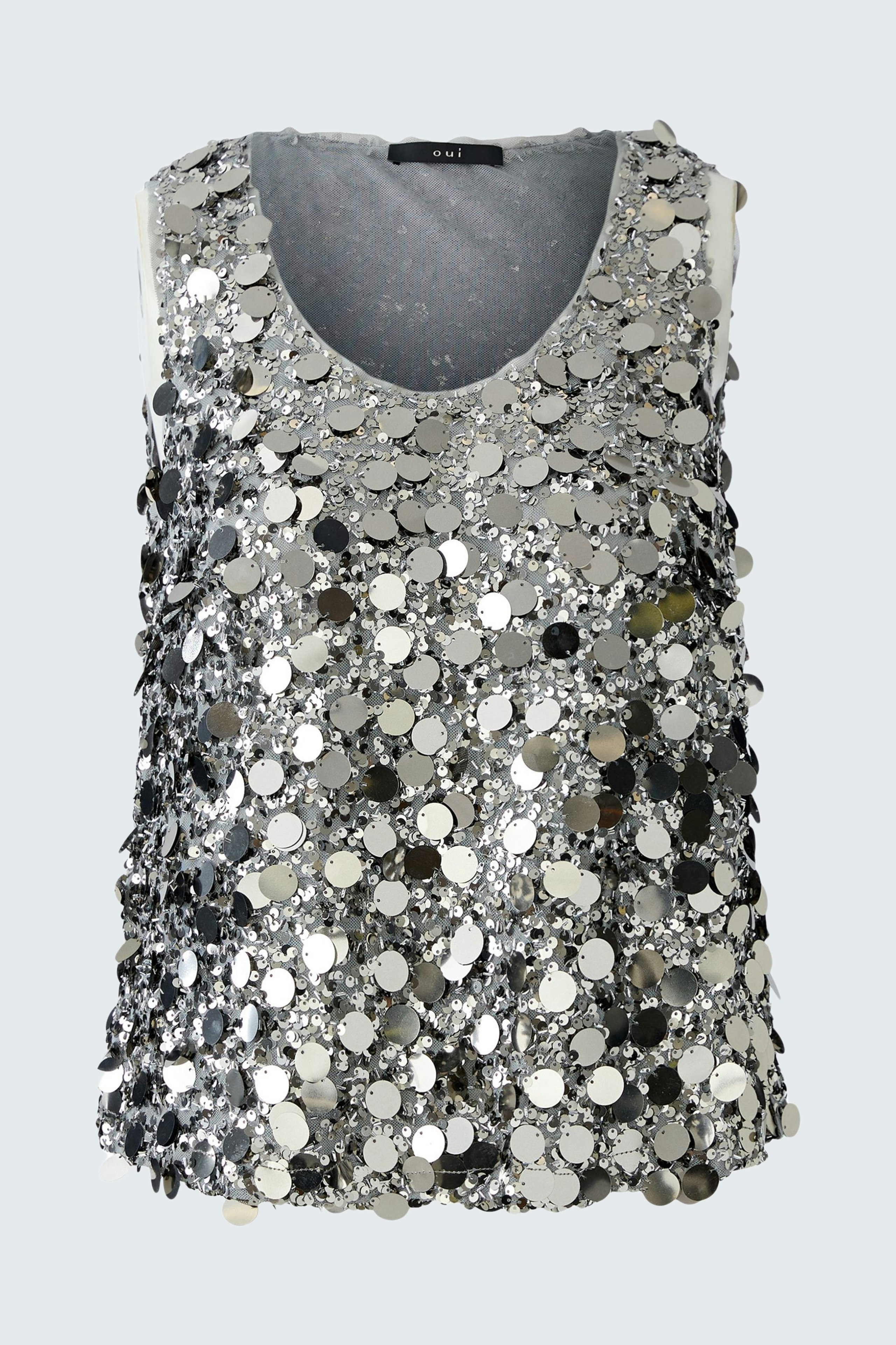 Shiny women's top with silver sequins, perfect for a fun night out.