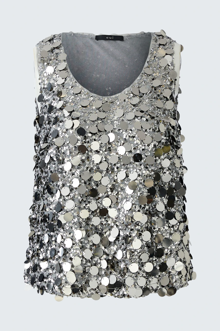 Glänzendes Damen-Top mit Pailletten in Silber, lässig und auffällig.