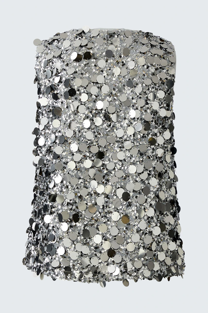Glänzendes Damen-Top: Trägershirt mit funkelnden Pailletten in Silber, ideal für besondere Anlässe.