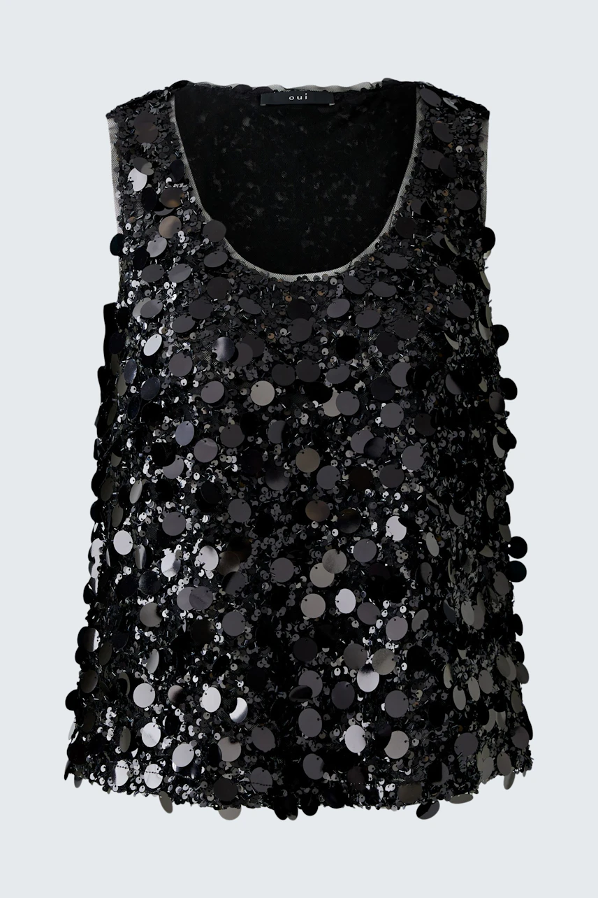 Schwarzes Damen-Top mit glänzenden Pailletten, lässig und vielseitig kombinierbar.