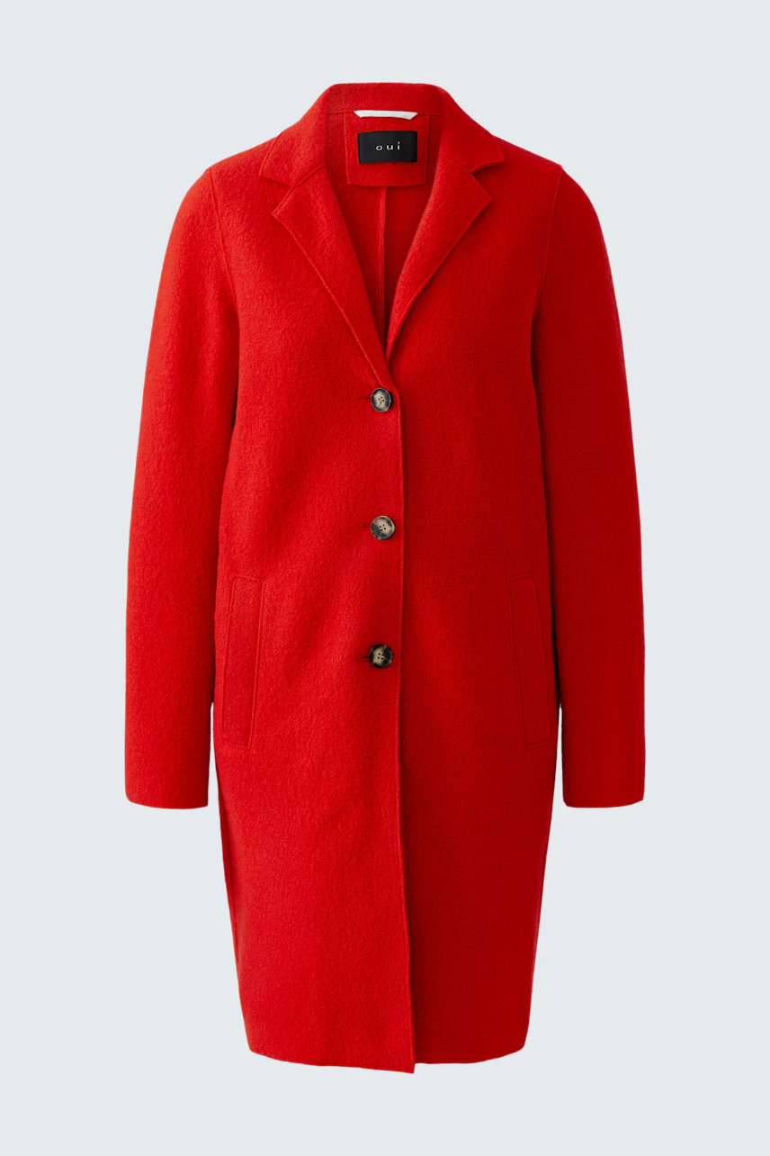 Stylish women's wool coat in vibrant red with a classic collar and button closure.