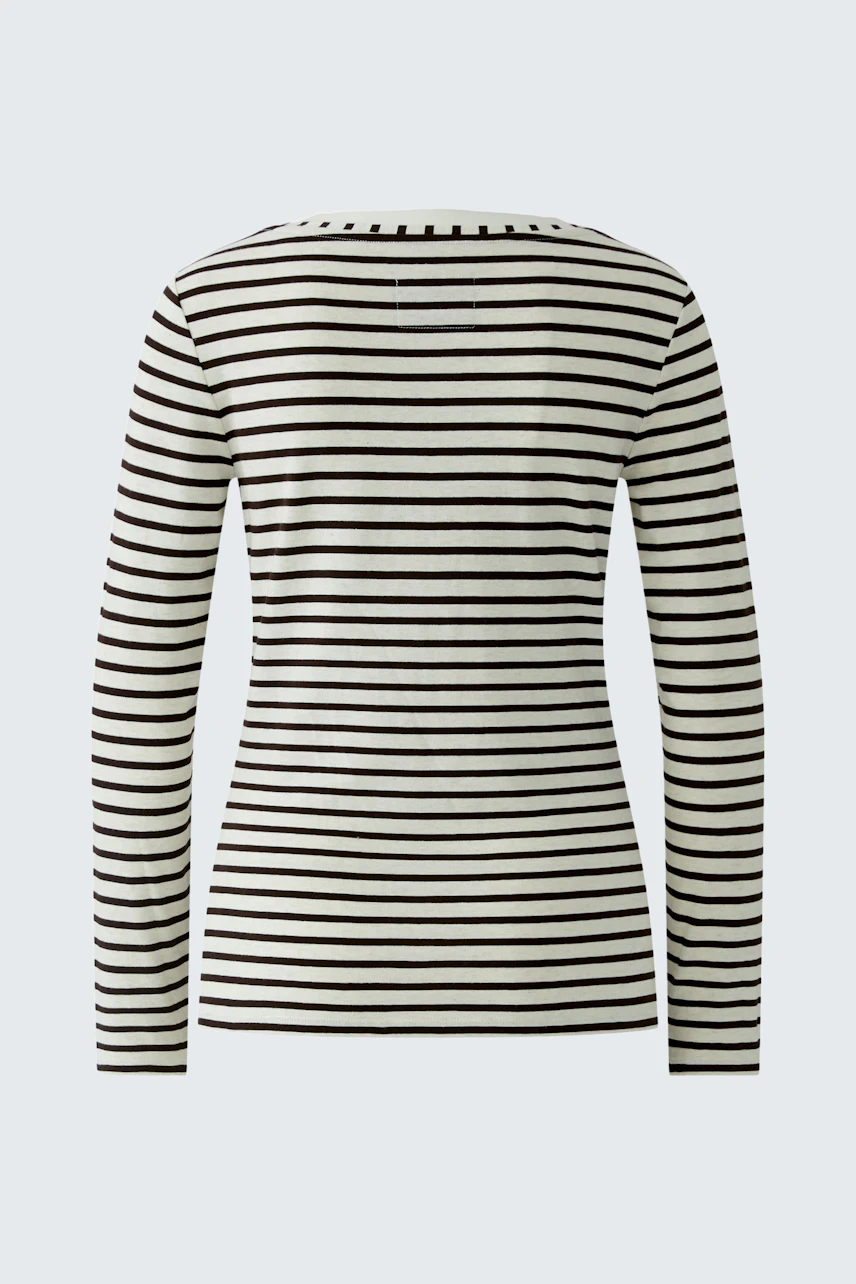 Damen Langarmshirt: Rückansicht eines gestreiften Shirts mit langen Ärmeln und Rundhalsausschnitt.