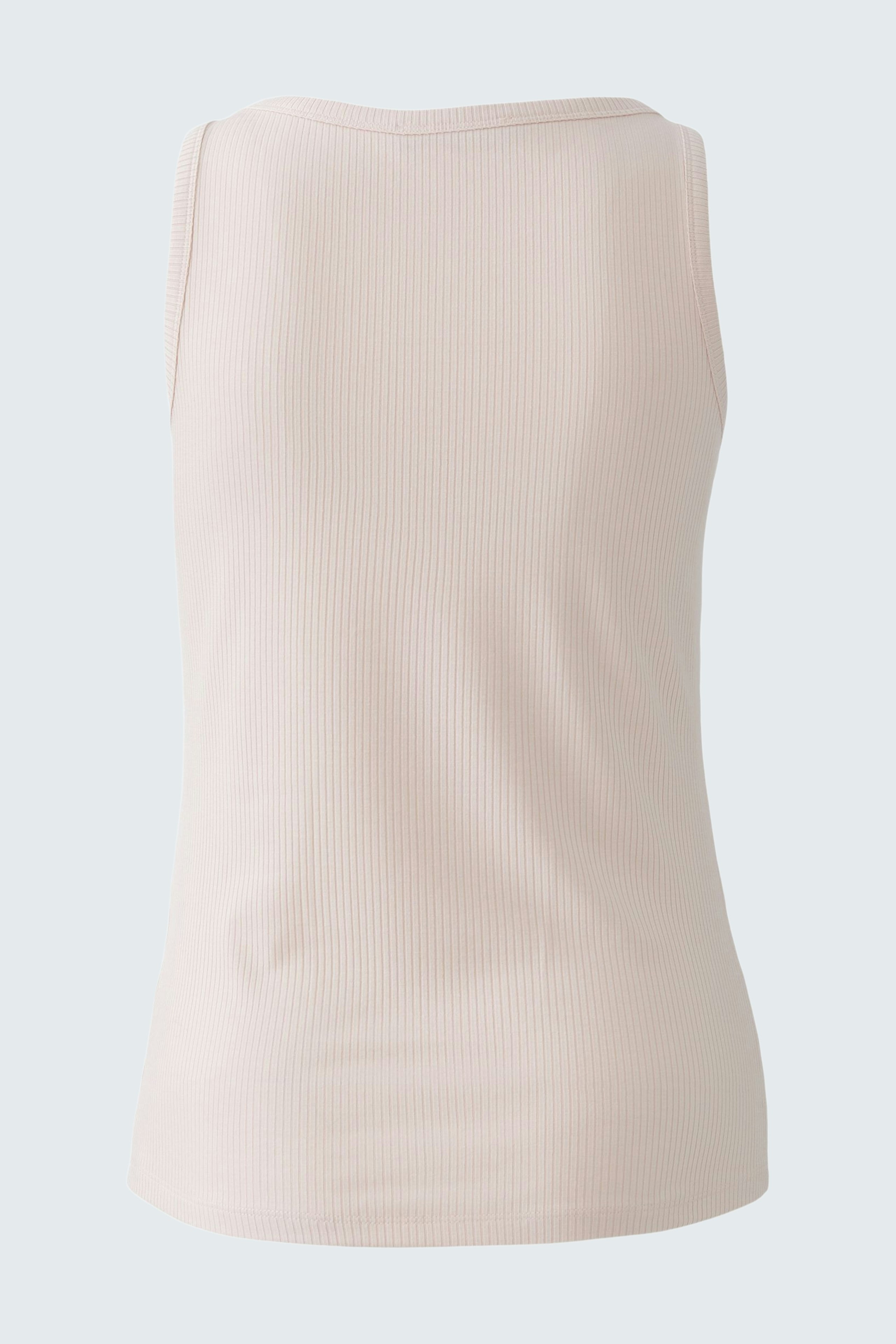 Bequeme Damen-Top: Rückansicht eines hellen, schlichten Tops ohne Ärmel.