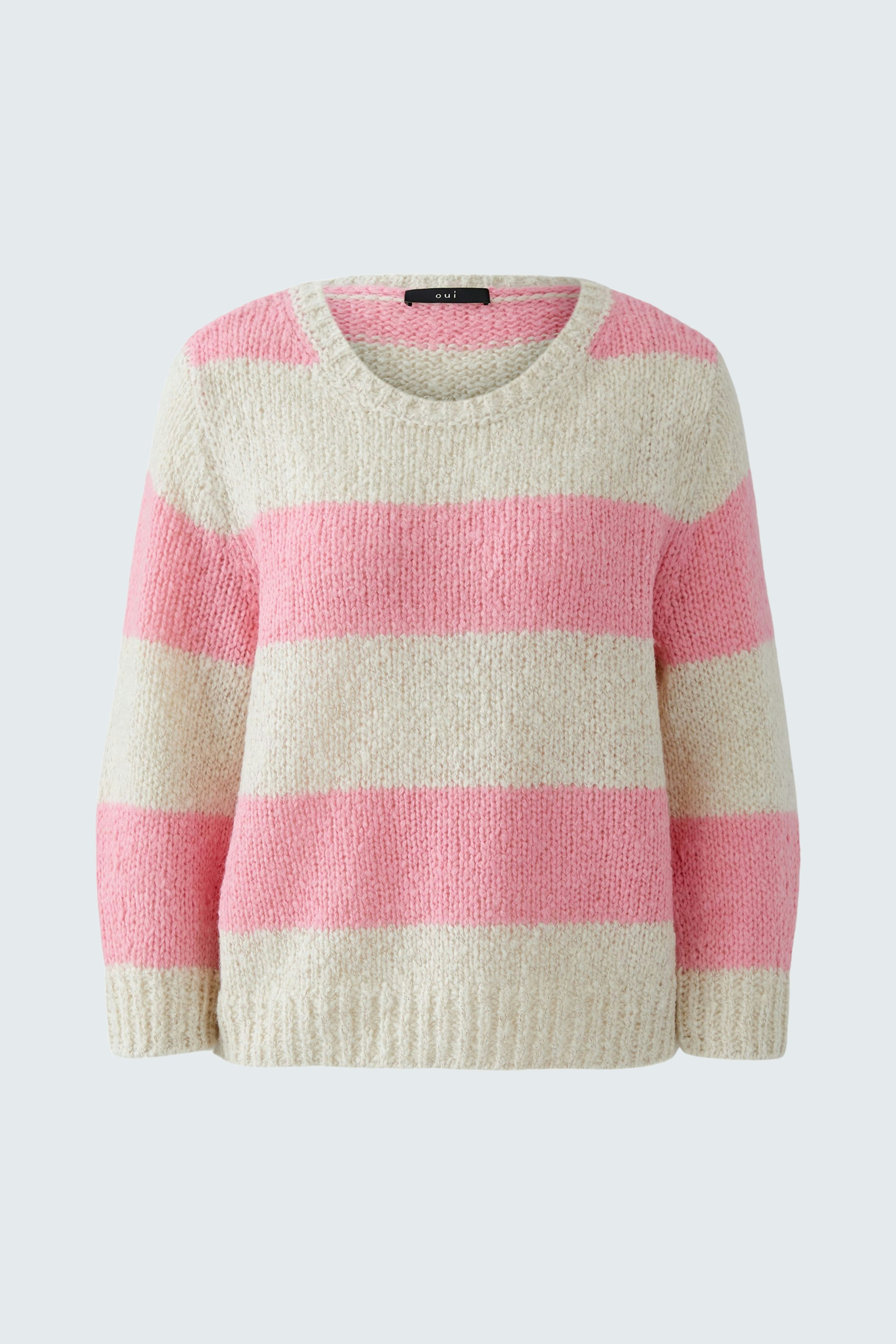 Bequemer Damen-Pullover in rosa-weißen Streifen, ideal für lässige Outfits.